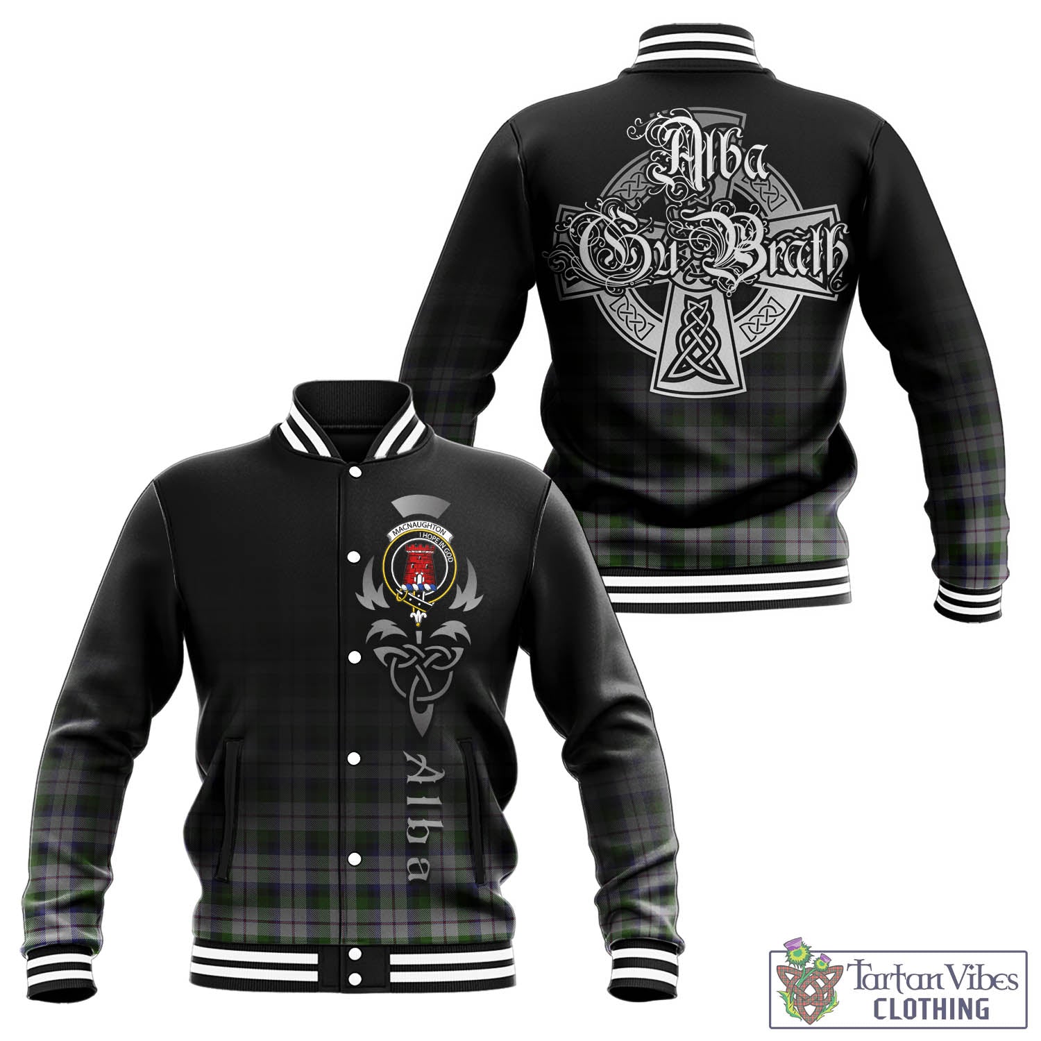 Tartan Vibes Clothing MacNaughton Dress Tartan Baseball Jacket Featuring Alba Gu Brath Family Crest Celtic Inspired