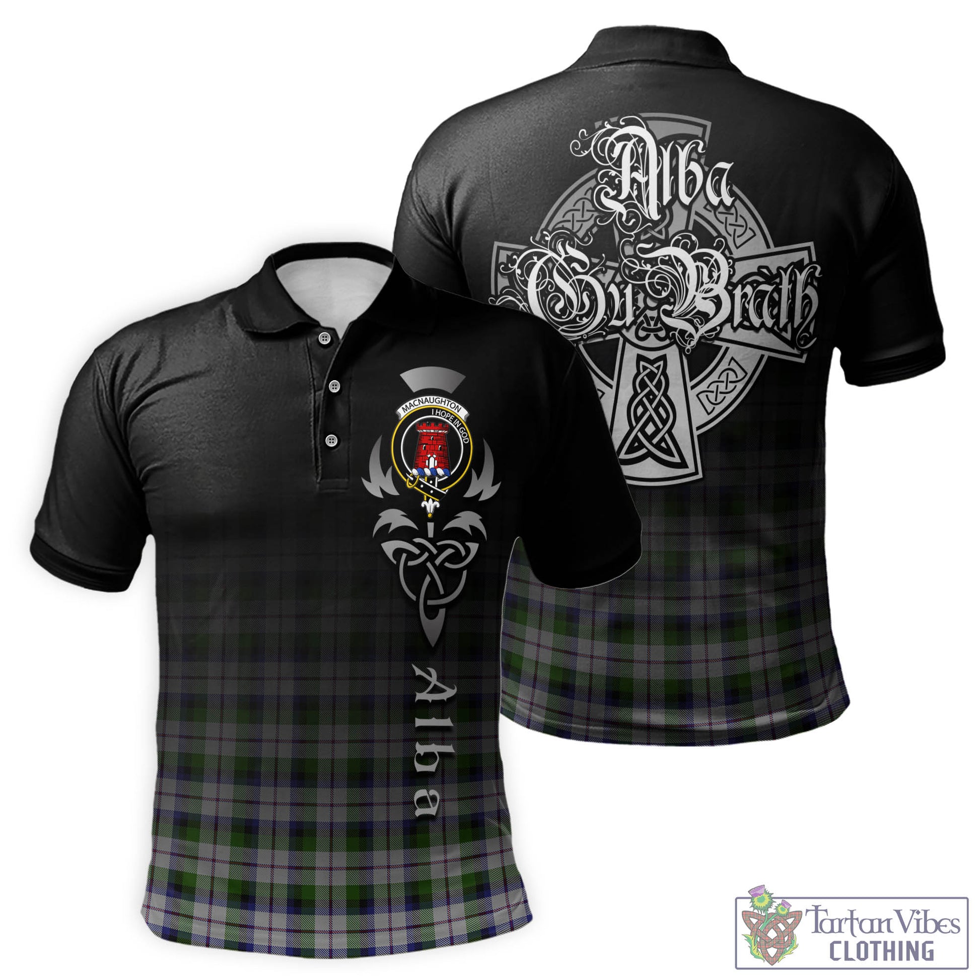 Tartan Vibes Clothing MacNaughton Dress Tartan Polo Shirt Featuring Alba Gu Brath Family Crest Celtic Inspired