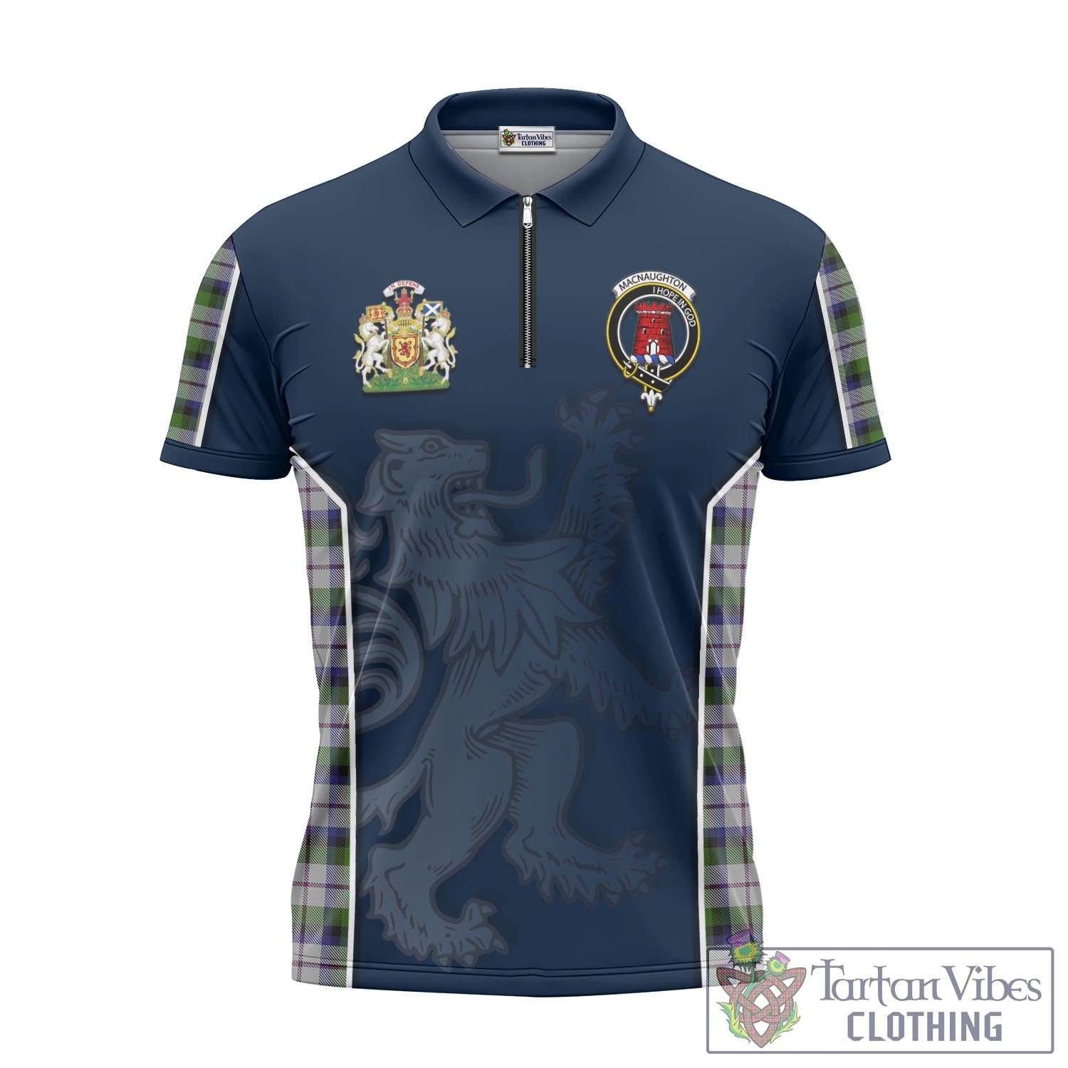 Tartan Vibes Clothing MacNaughton Dress Tartan Zipper Polo Shirt with Family Crest and Lion Rampant Vibes Sport Style