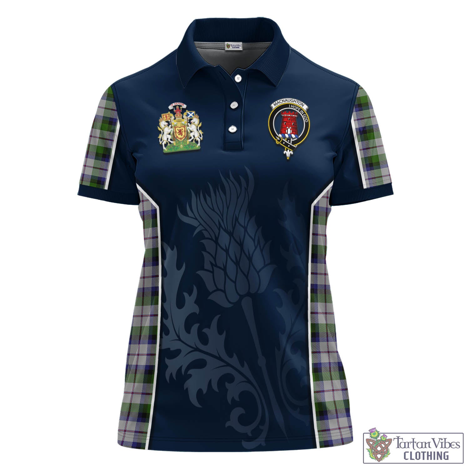 Tartan Vibes Clothing MacNaughton Dress Tartan Women's Polo Shirt with Family Crest and Scottish Thistle Vibes Sport Style