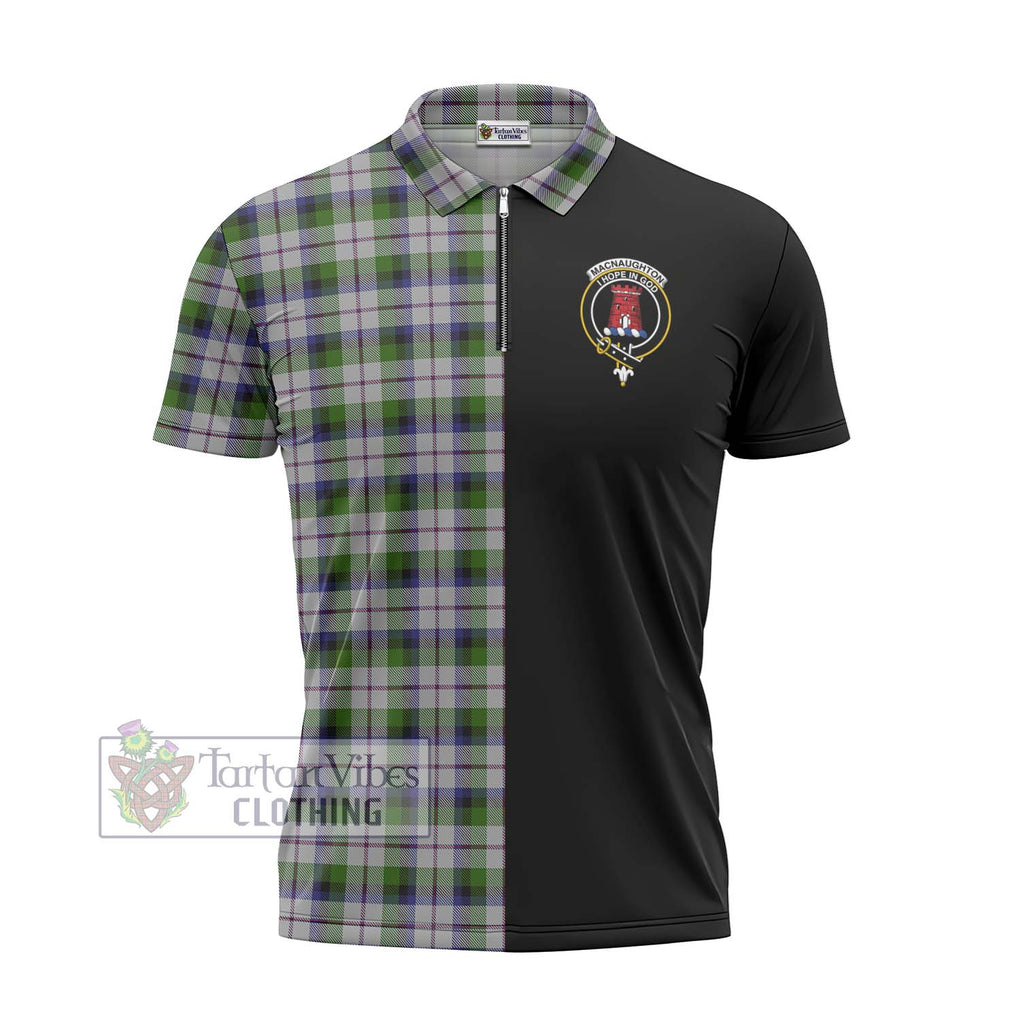 MacNaughton Dress Tartan Zipper Polo Shirt with Family Crest and Half Of Me Style - Tartanvibesclothing Shop