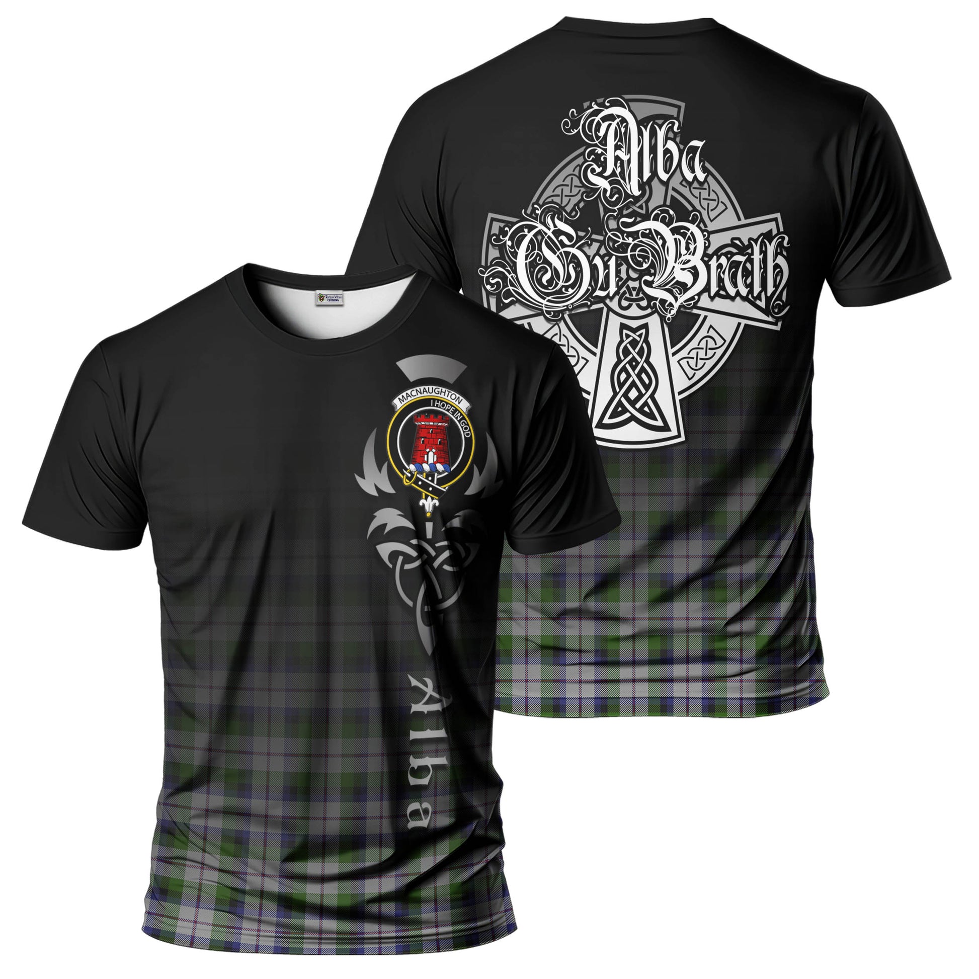 Tartan Vibes Clothing MacNaughton Dress Tartan T-Shirt Featuring Alba Gu Brath Family Crest Celtic Inspired