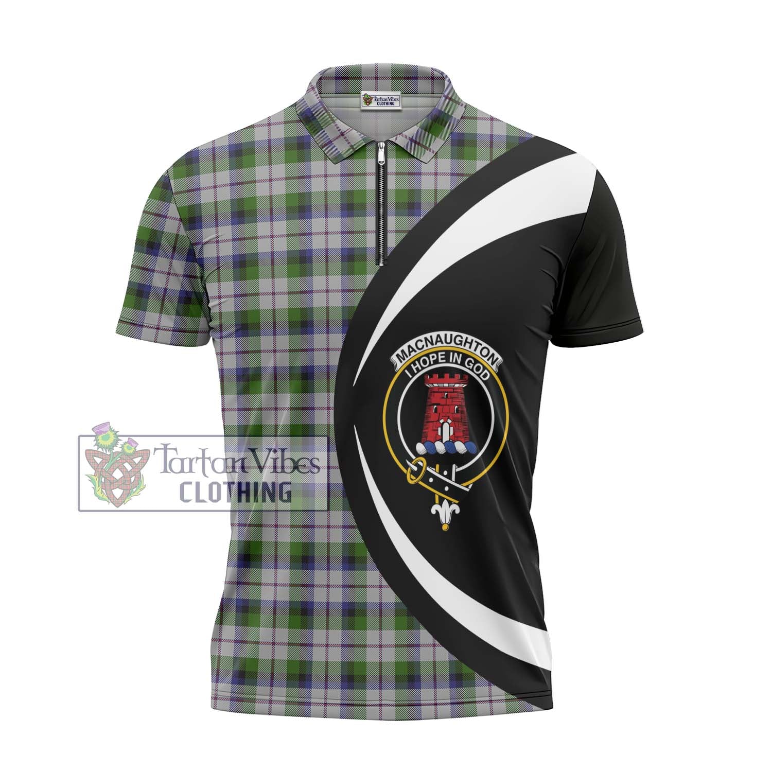 Tartan Vibes Clothing MacNaughton Dress Tartan Zipper Polo Shirt with Family Crest Circle Style