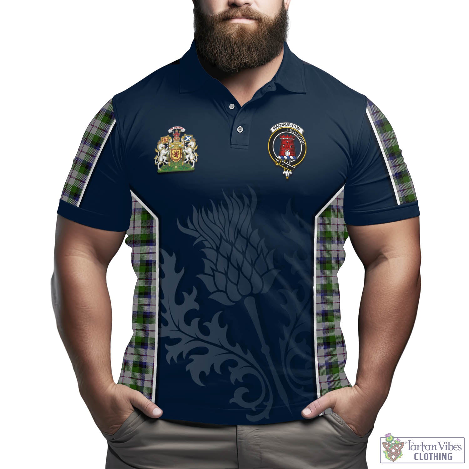 Tartan Vibes Clothing MacNaughton Dress Tartan Men's Polo Shirt with Family Crest and Scottish Thistle Vibes Sport Style