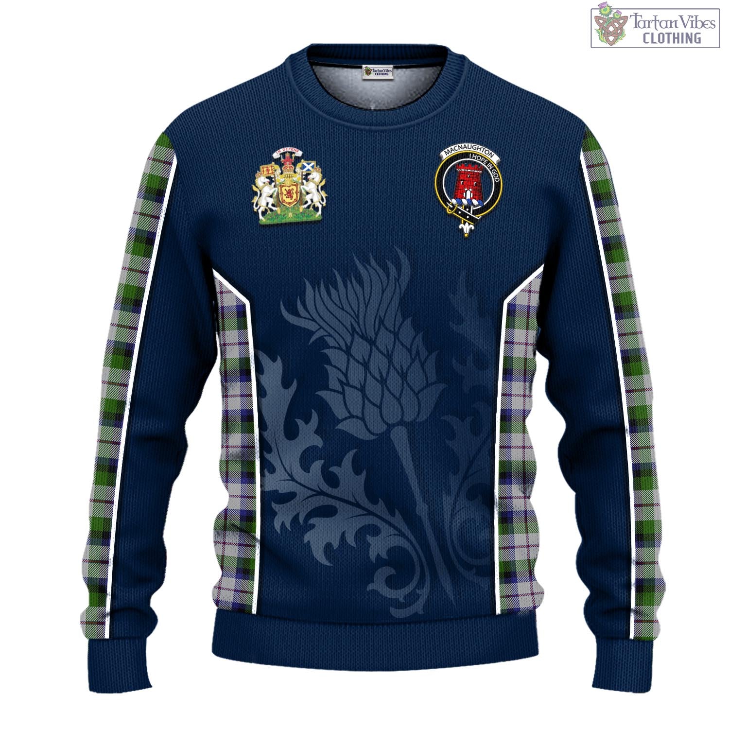 Tartan Vibes Clothing MacNaughton Dress Tartan Knitted Sweatshirt with Family Crest and Scottish Thistle Vibes Sport Style