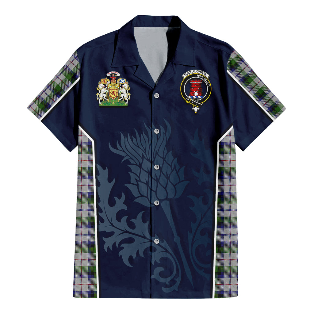 Tartan Vibes Clothing MacNaughton Dress Tartan Short Sleeve Button Up Shirt with Family Crest and Scottish Thistle Vibes Sport Style