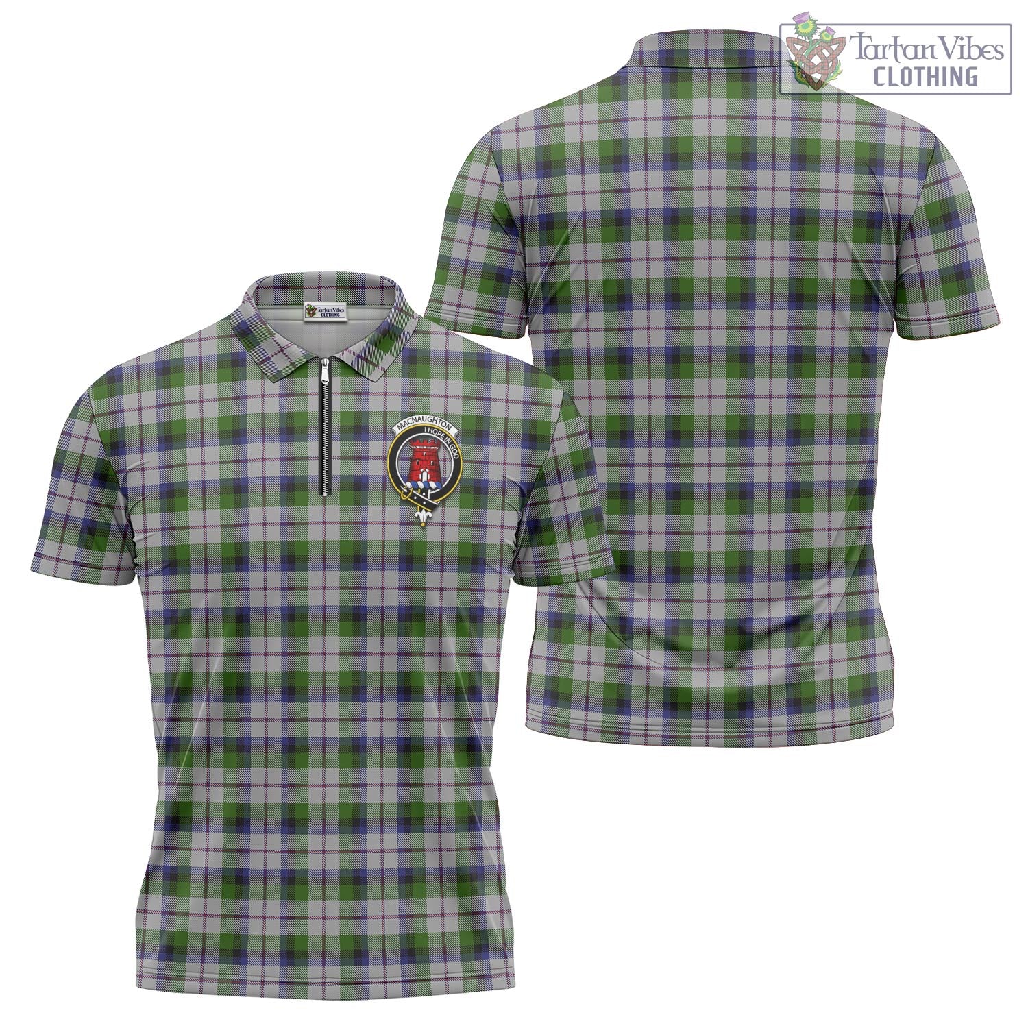 Tartan Vibes Clothing MacNaughton Dress Tartan Zipper Polo Shirt with Family Crest