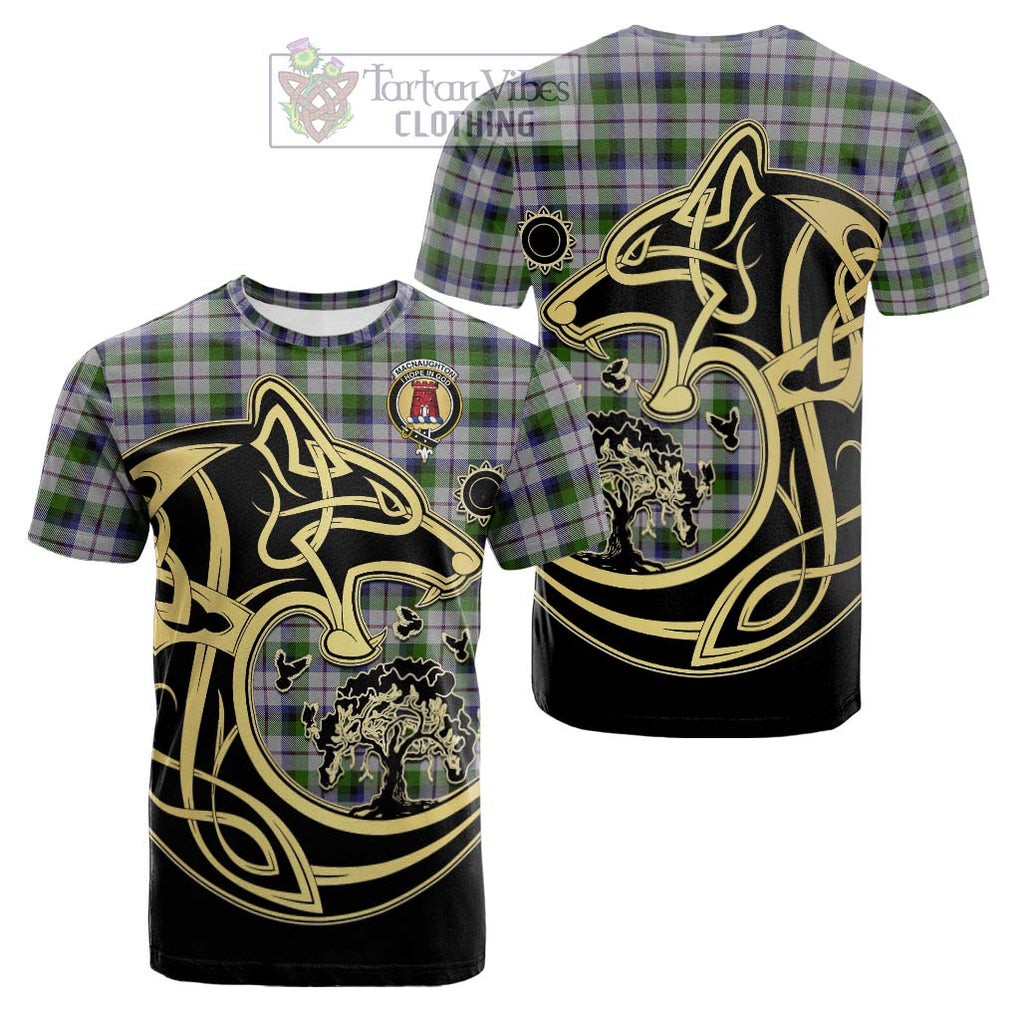 Tartan Vibes Clothing MacNaughton Dress Tartan Cotton T-shirt with Family Crest Celtic Wolf Style