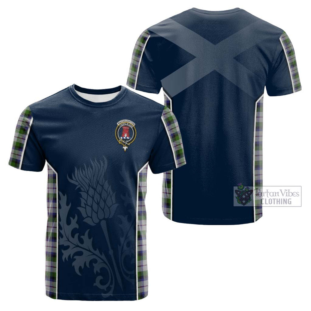 Tartan Vibes Clothing MacNaughton Dress Tartan Cotton T-shirt with Family Crest and Scottish Thistle Vibes Sport Style