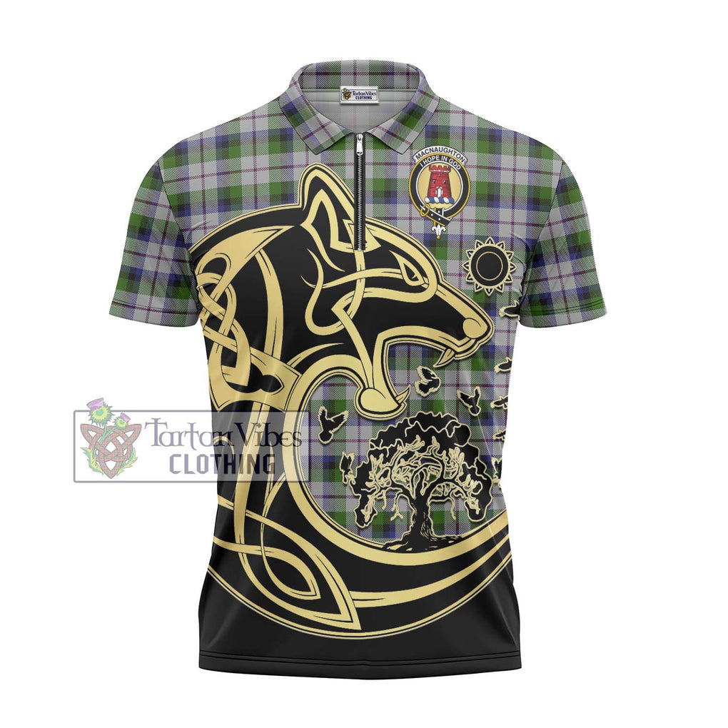 MacNaughton Dress Tartan Zipper Polo Shirt with Family Crest Celtic Wolf Style - Tartanvibesclothing Shop