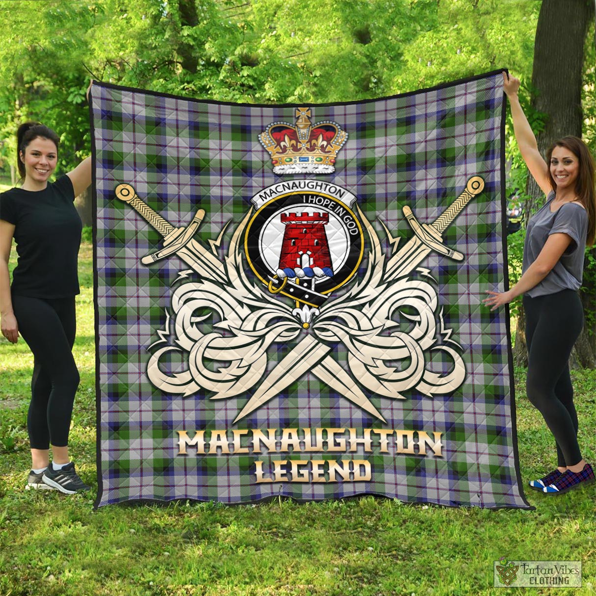 Tartan Vibes Clothing MacNaughton Dress Tartan Quilt with Clan Crest and the Golden Sword of Courageous Legacy