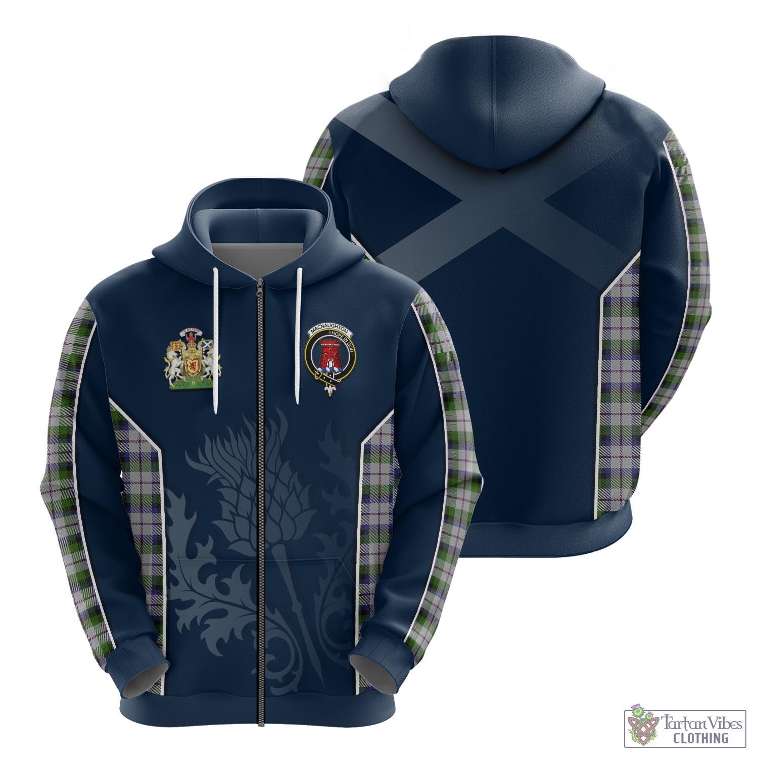 Tartan Vibes Clothing MacNaughton Dress Tartan Hoodie with Family Crest and Scottish Thistle Vibes Sport Style