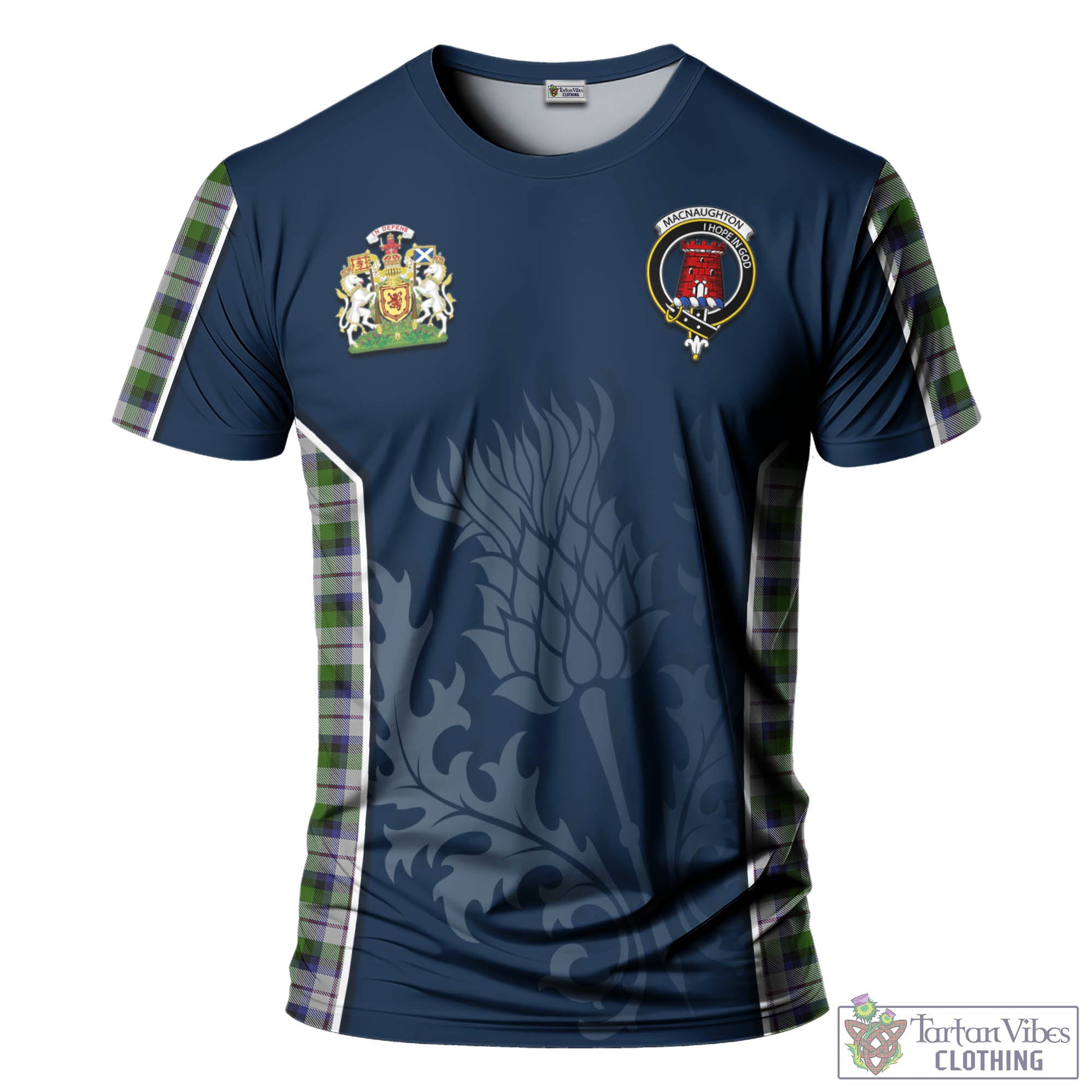 Tartan Vibes Clothing MacNaughton Dress Tartan T-Shirt with Family Crest and Scottish Thistle Vibes Sport Style