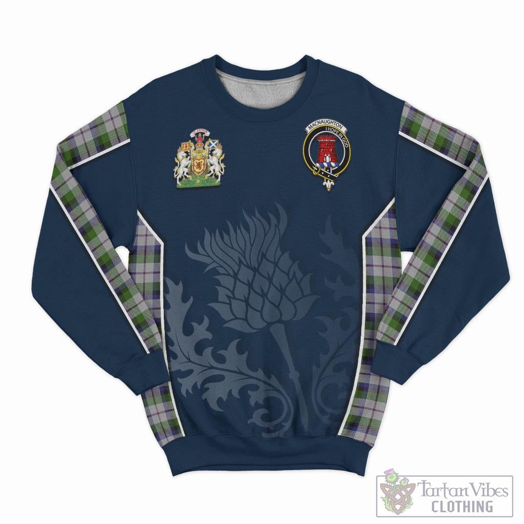 Tartan Vibes Clothing MacNaughton Dress Tartan Sweatshirt with Family Crest and Scottish Thistle Vibes Sport Style