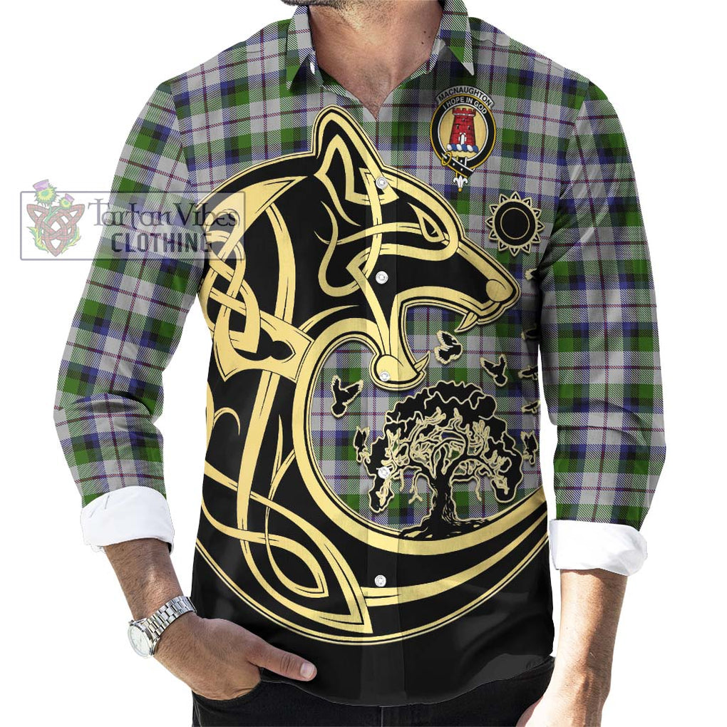 MacNaughton Dress Tartan Long Sleeve Button Shirt with Family Crest Celtic Wolf Style - Tartan Vibes Clothing