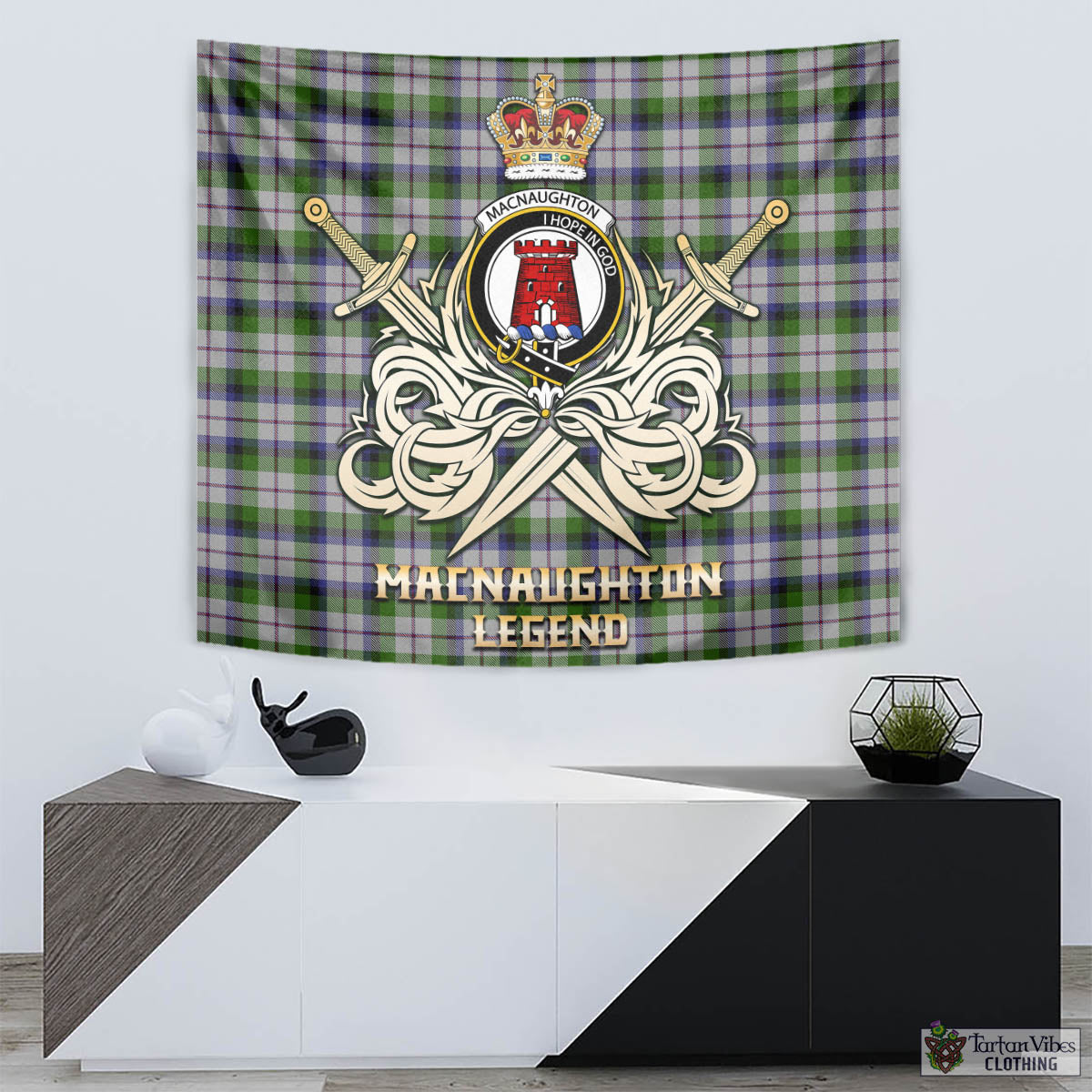 Tartan Vibes Clothing MacNaughton Dress Tartan Tapestry with Clan Crest and the Golden Sword of Courageous Legacy