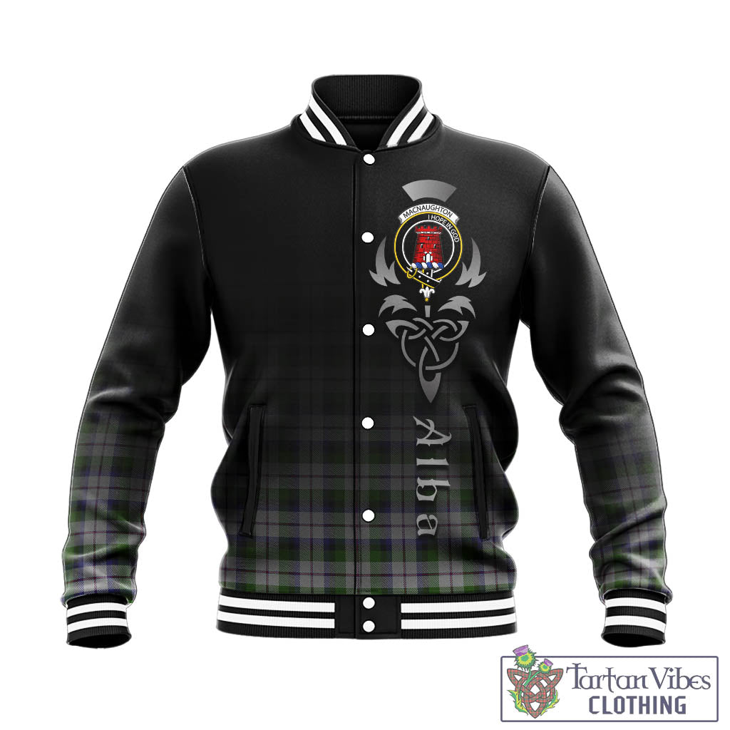 Tartan Vibes Clothing MacNaughton Dress Tartan Baseball Jacket Featuring Alba Gu Brath Family Crest Celtic Inspired