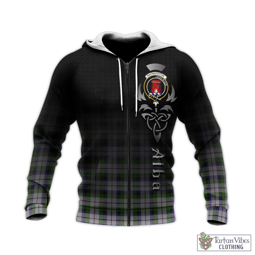 Tartan Vibes Clothing MacNaughton Dress Tartan Knitted Hoodie Featuring Alba Gu Brath Family Crest Celtic Inspired