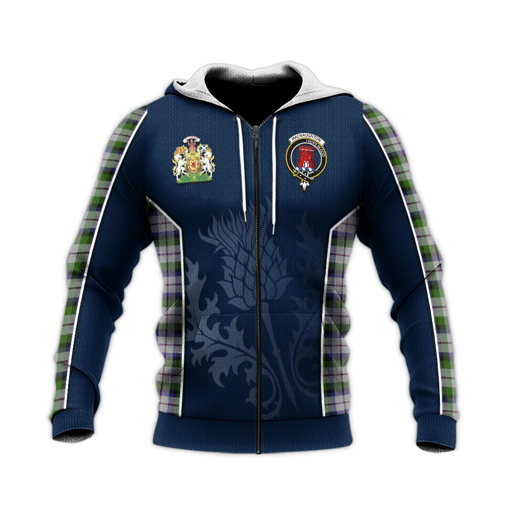 Tartan Vibes Clothing MacNaughton Dress Tartan Knitted Hoodie with Family Crest and Scottish Thistle Vibes Sport Style