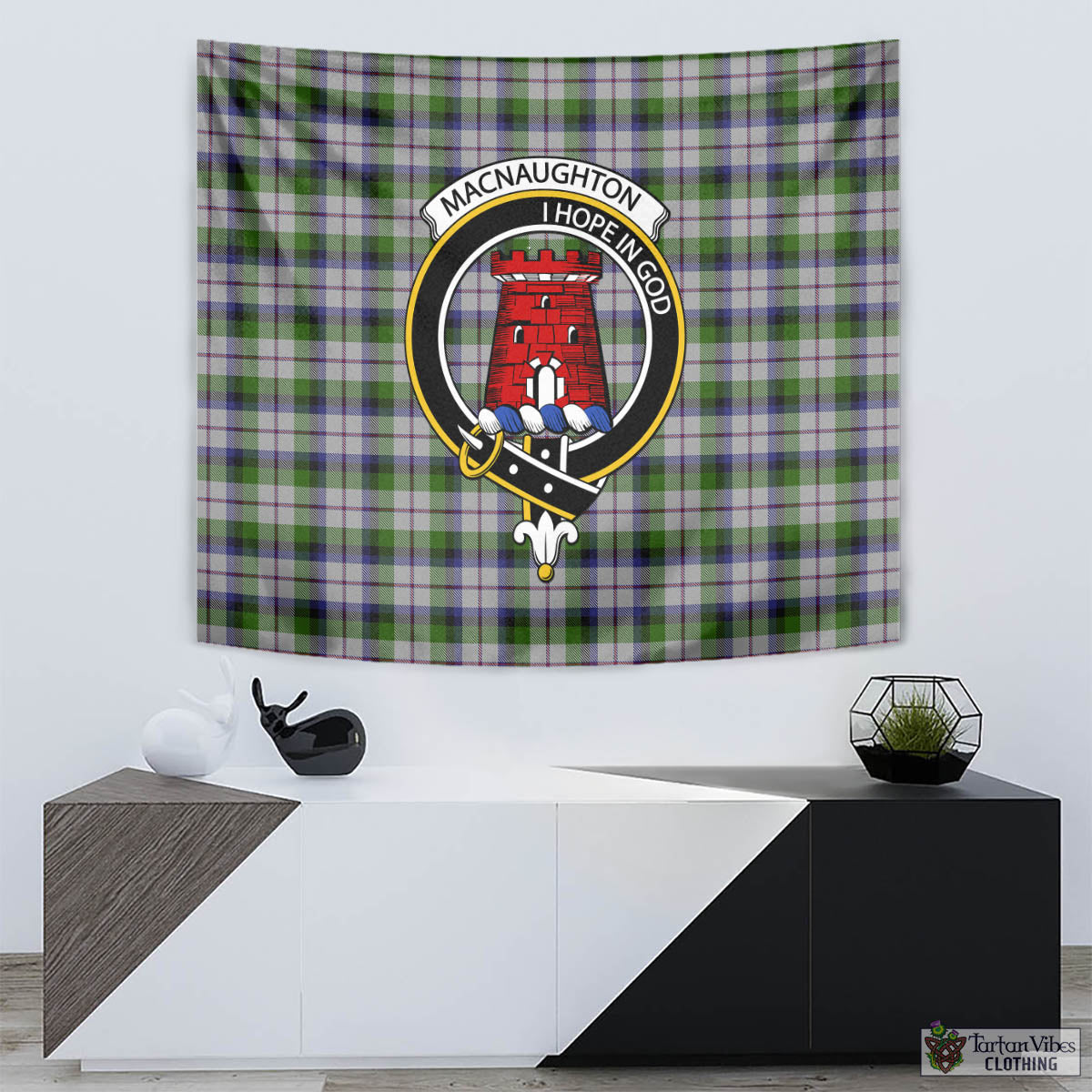 Tartan Vibes Clothing MacNaughton Dress Tartan Tapestry Wall Hanging and Home Decor for Room with Family Crest