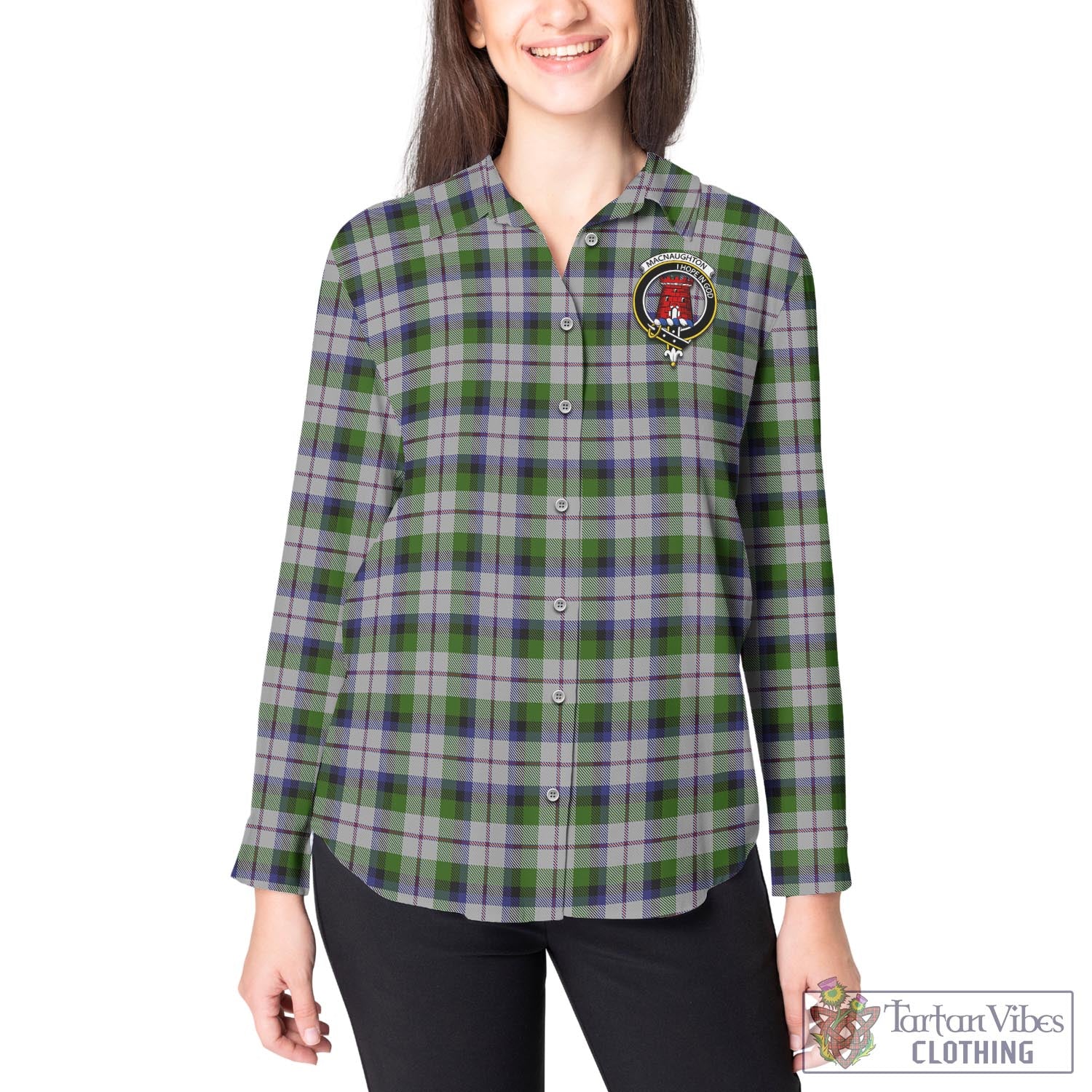 Tartan Vibes Clothing MacNaughton Dress Tartan Womens Casual Shirt with Family Crest