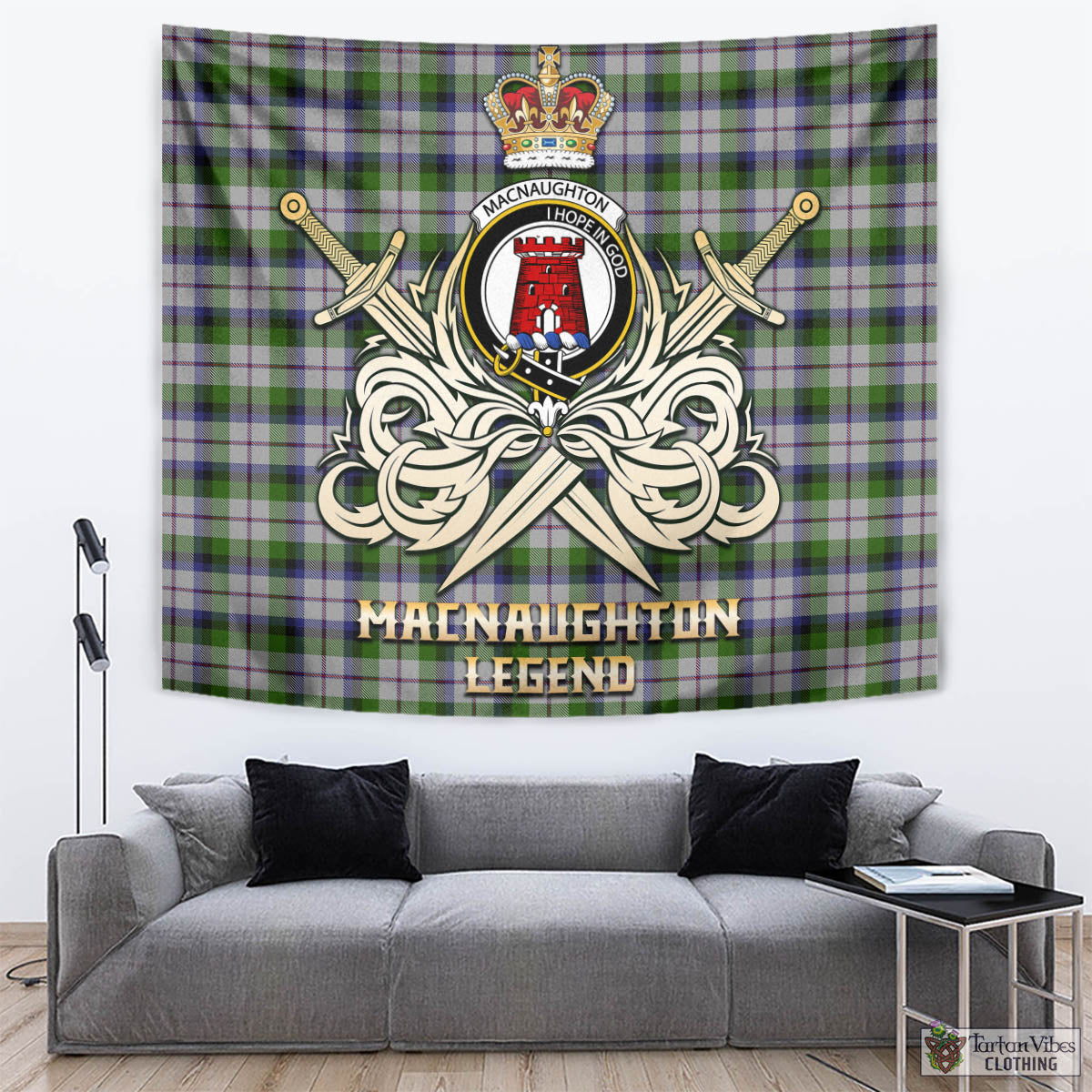 Tartan Vibes Clothing MacNaughton Dress Tartan Tapestry with Clan Crest and the Golden Sword of Courageous Legacy