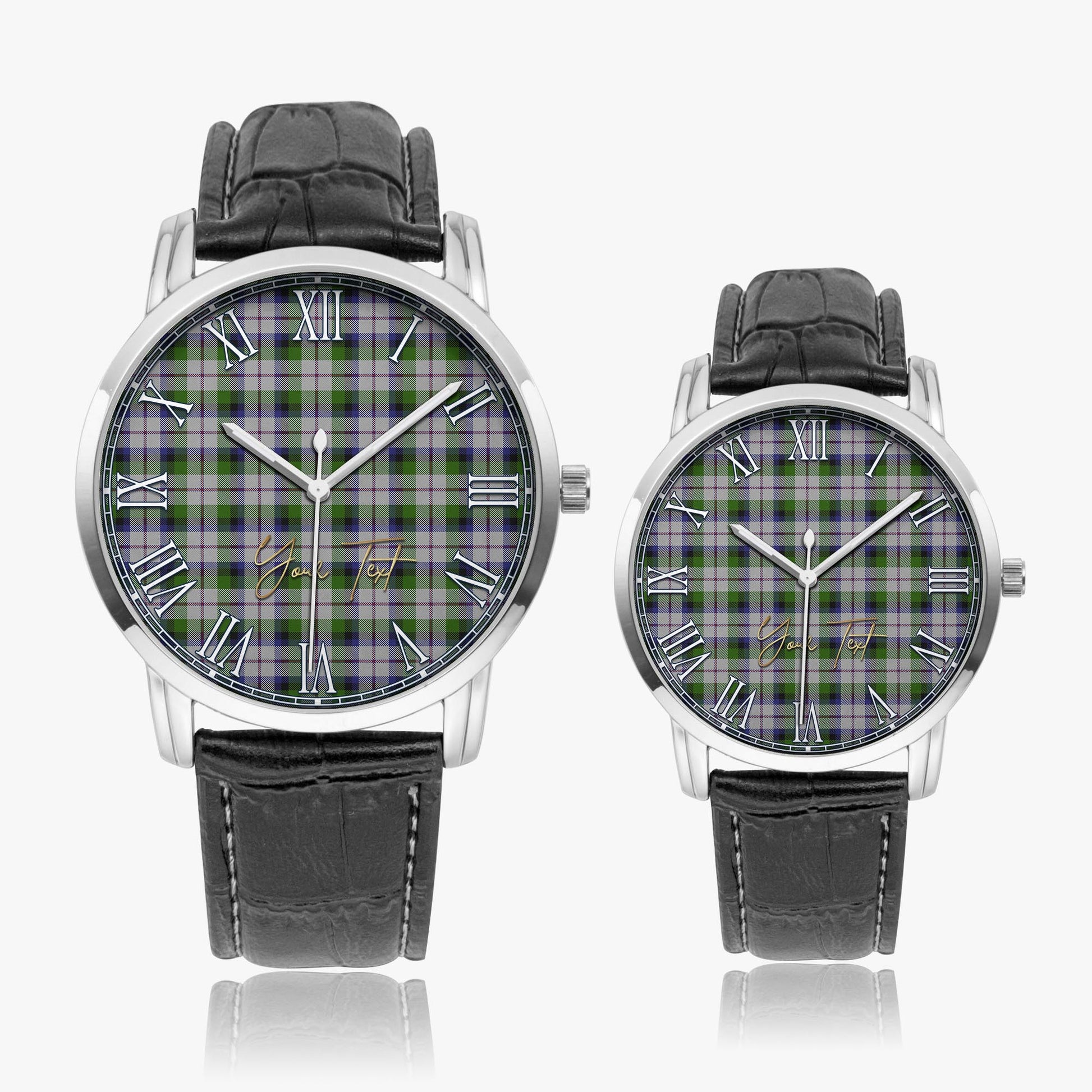 MacNaughton Dress Tartan Personalized Your Text Leather Trap Quartz Watch Wide Type Silver Case With Black Leather Strap - Tartanvibesclothing