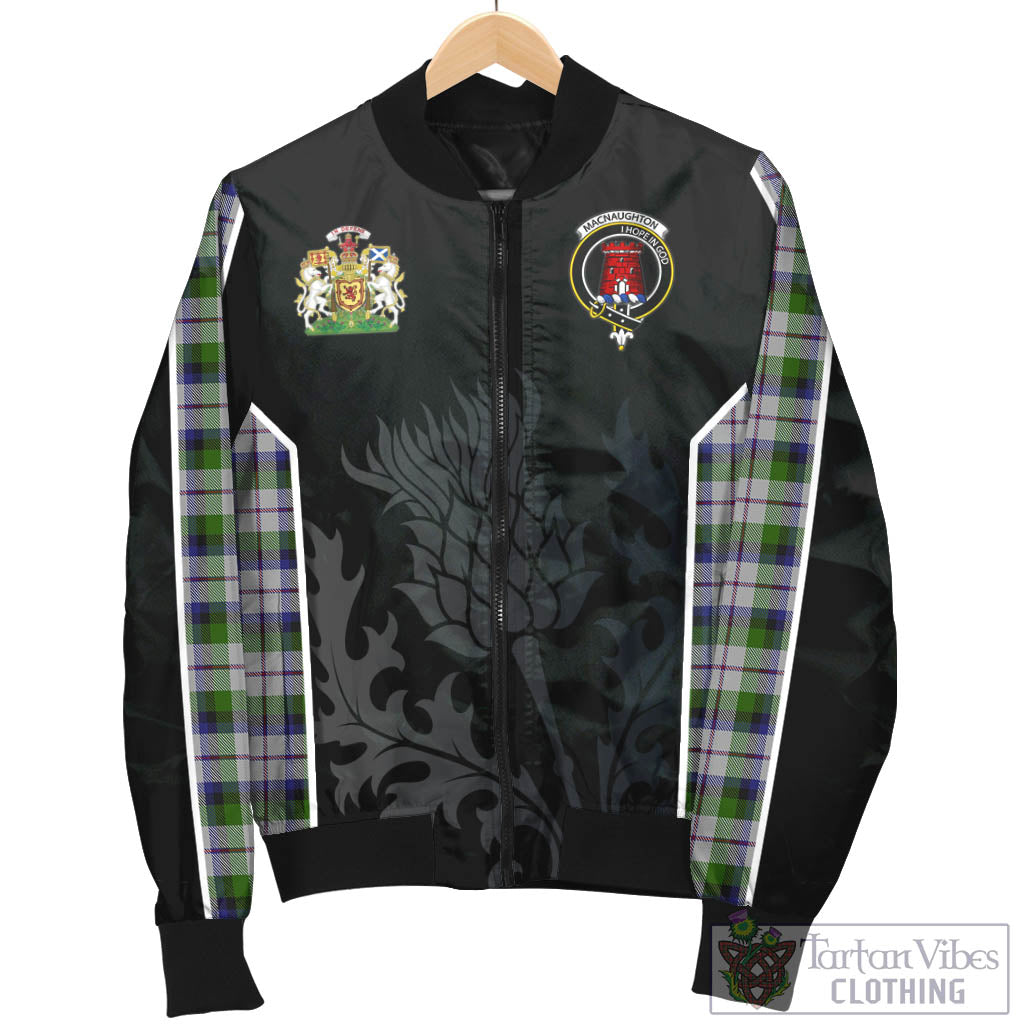 Tartan Vibes Clothing MacNaughton Dress Tartan Bomber Jacket with Family Crest and Scottish Thistle Vibes Sport Style