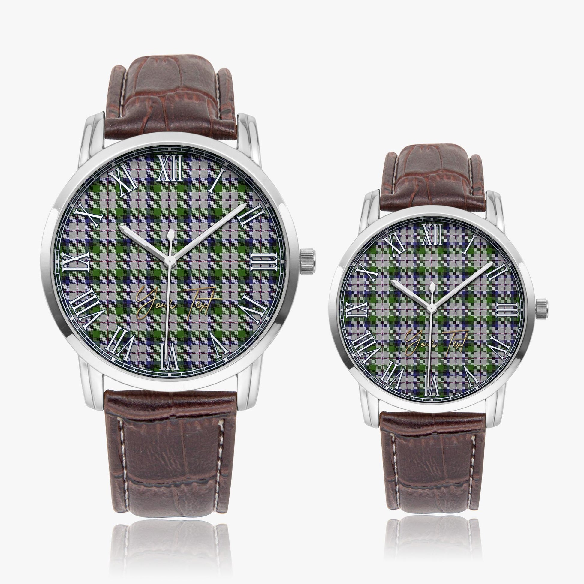 MacNaughton Dress Tartan Personalized Your Text Leather Trap Quartz Watch Wide Type Silver Case With Brown Leather Strap - Tartanvibesclothing