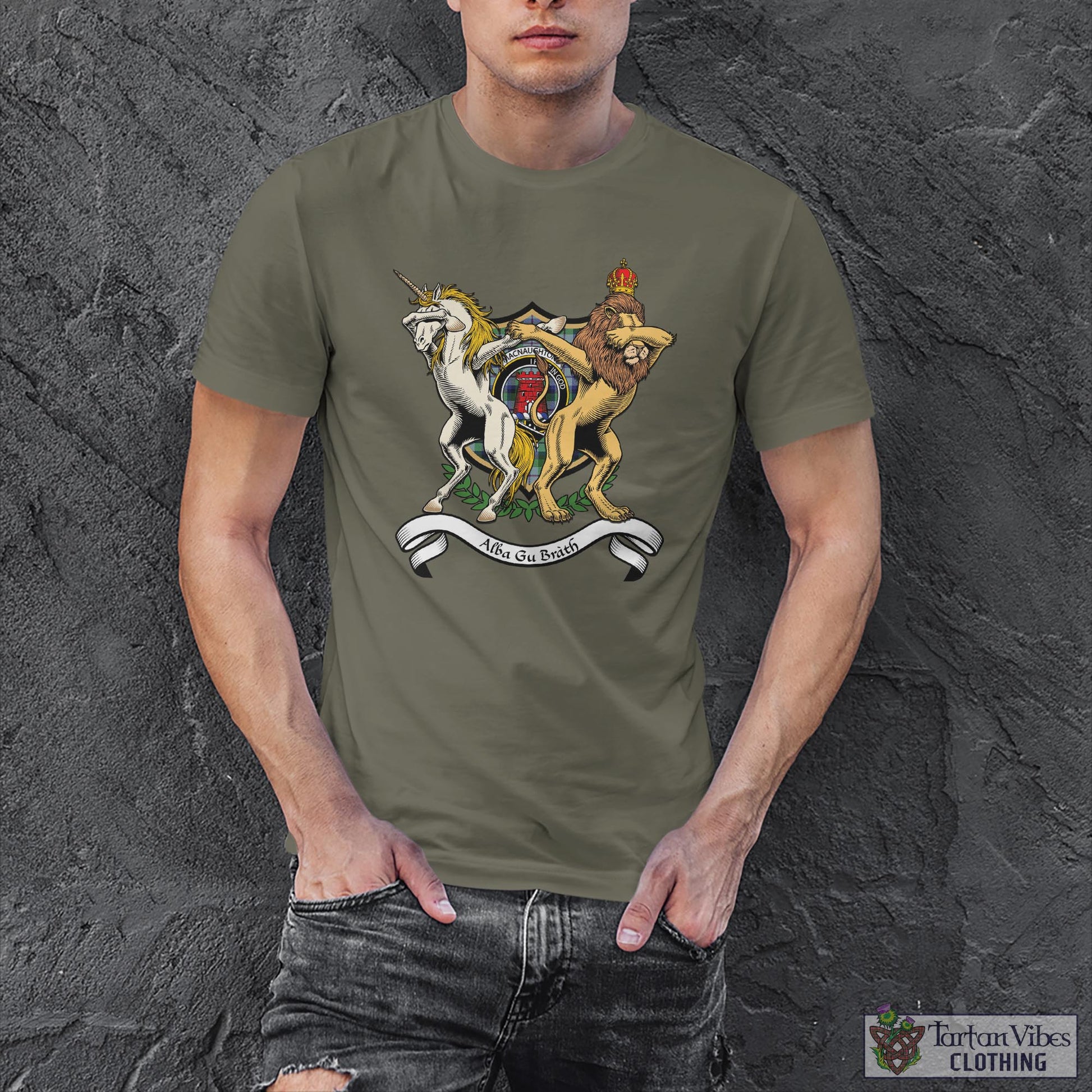 Tartan Vibes Clothing MacNaughton Dress Family Crest Cotton Men's T-Shirt with Scotland Royal Coat Of Arm Funny Style