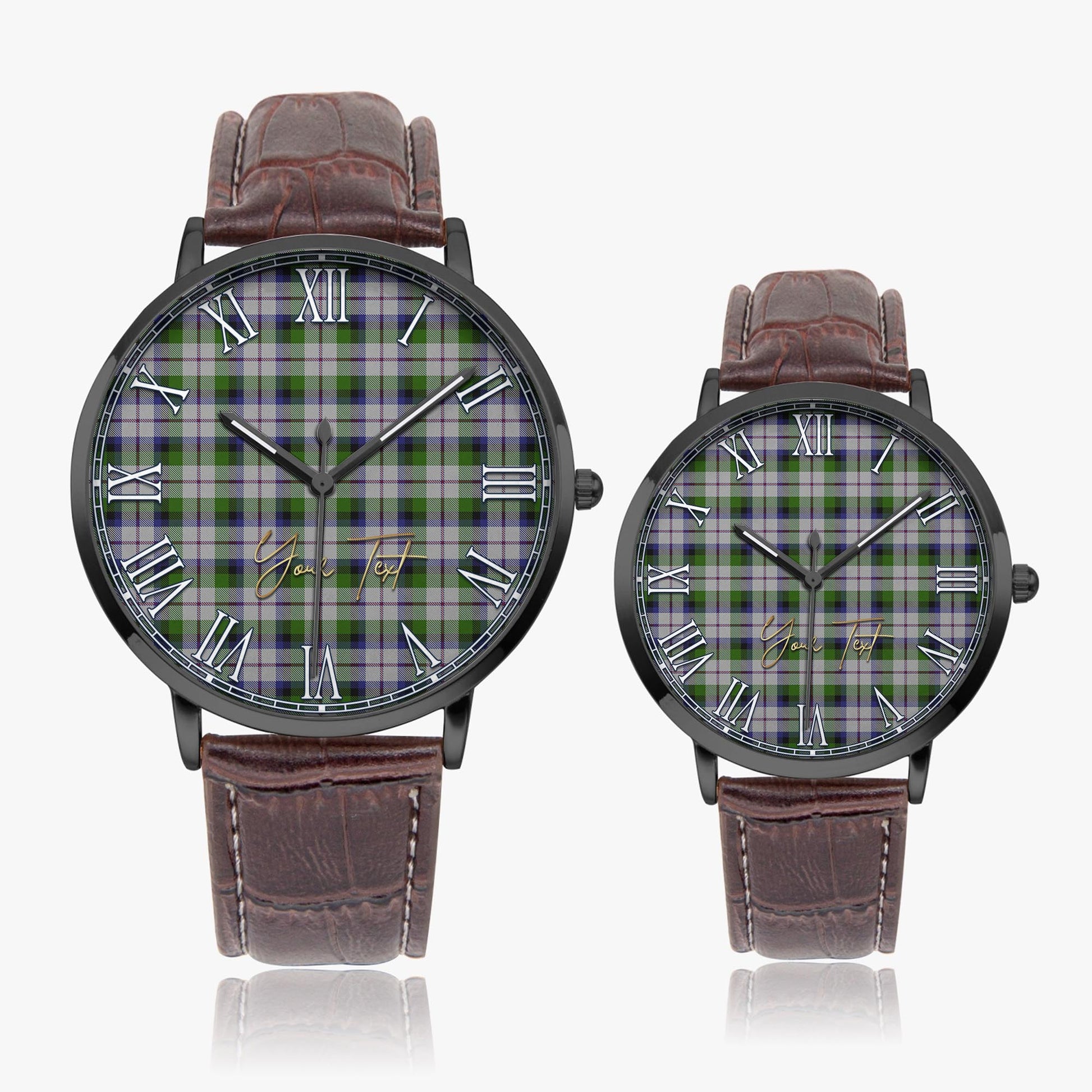 MacNaughton Dress Tartan Personalized Your Text Leather Trap Quartz Watch Ultra Thin Black Case With Brown Leather Strap - Tartanvibesclothing