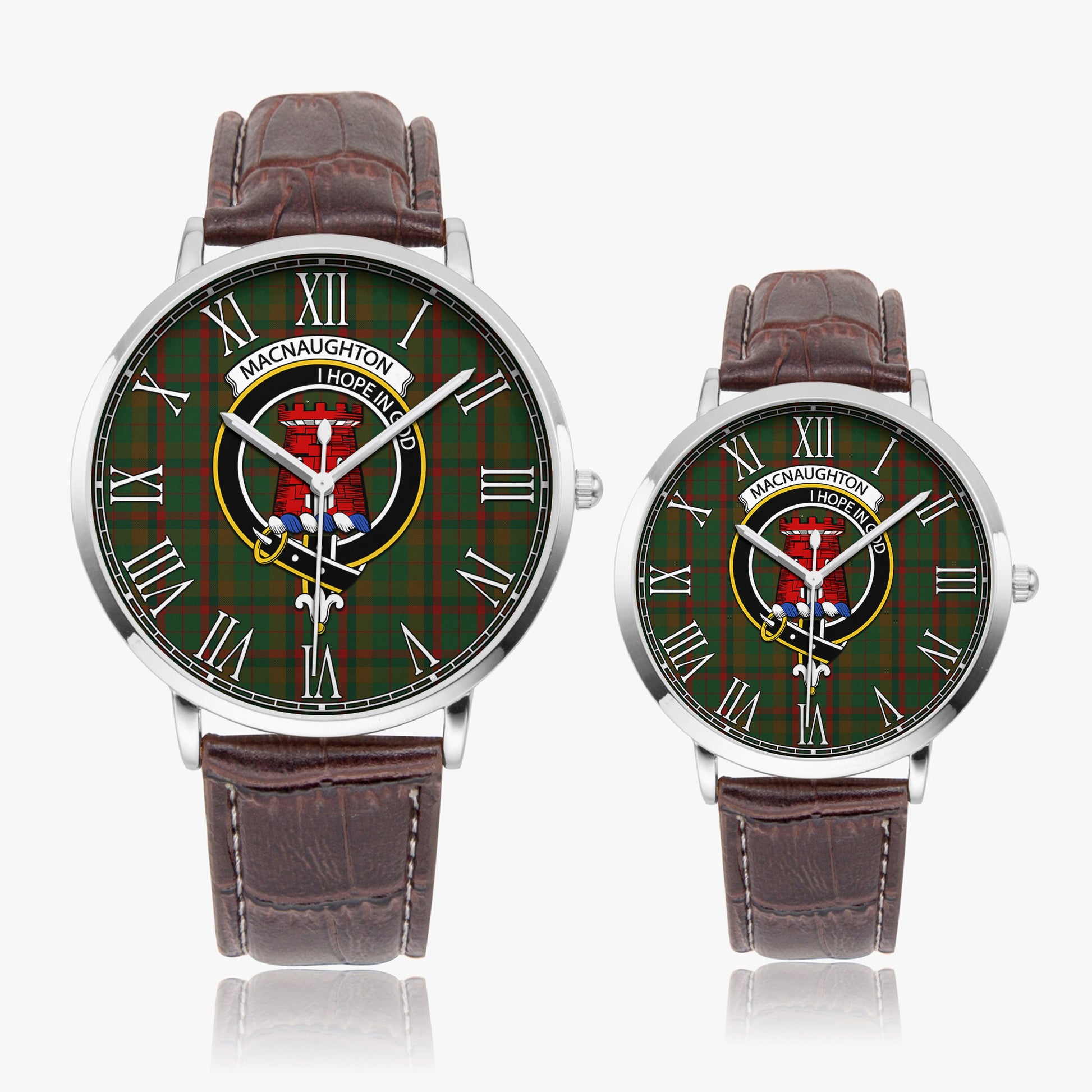 Macnaughton Hunting Tartan Family Crest Leather Strap Quartz Watch - Tartanvibesclothing