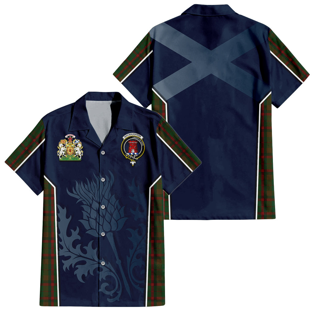 Tartan Vibes Clothing Macnaughton Hunting Tartan Short Sleeve Button Up Shirt with Family Crest and Scottish Thistle Vibes Sport Style