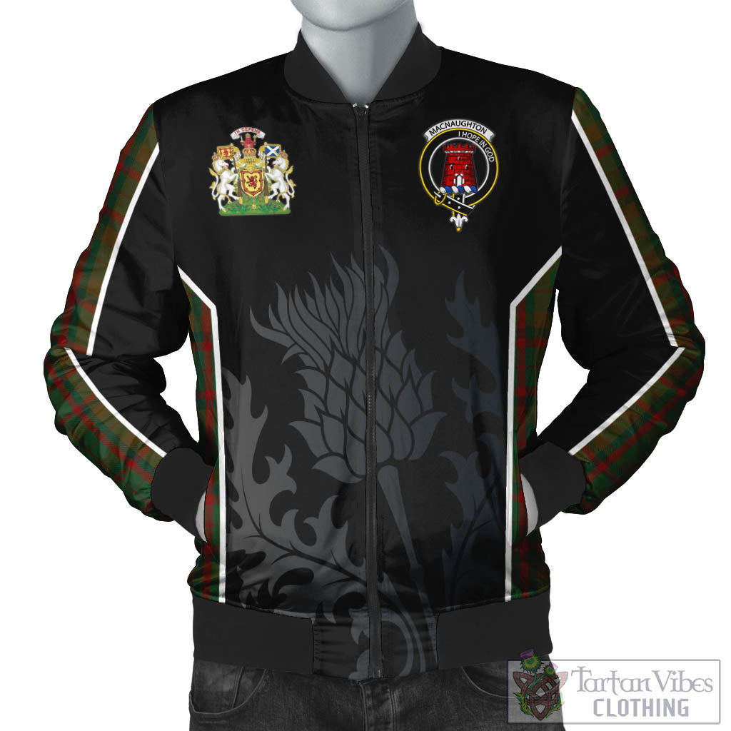 Tartan Vibes Clothing Macnaughton Hunting Tartan Bomber Jacket with Family Crest and Scottish Thistle Vibes Sport Style