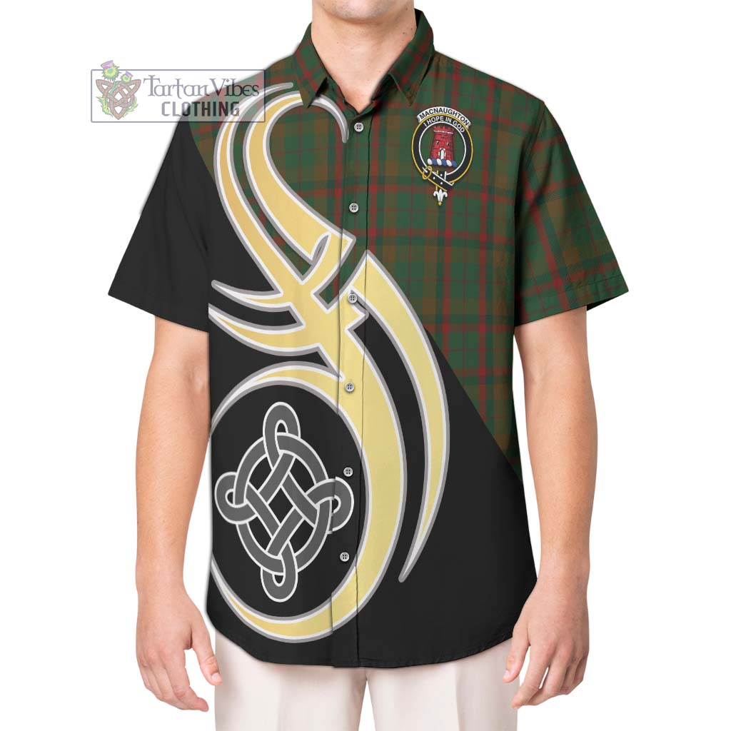 MacNaughton Hunting Tartan Short Sleeve Button Shirt with Family Crest and Celtic Symbol Style Kid - Tartan Vibes Clothing