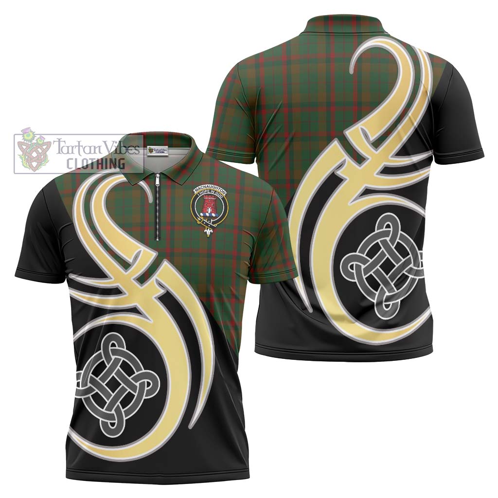 Tartan Vibes Clothing MacNaughton Hunting Tartan Zipper Polo Shirt with Family Crest and Celtic Symbol Style