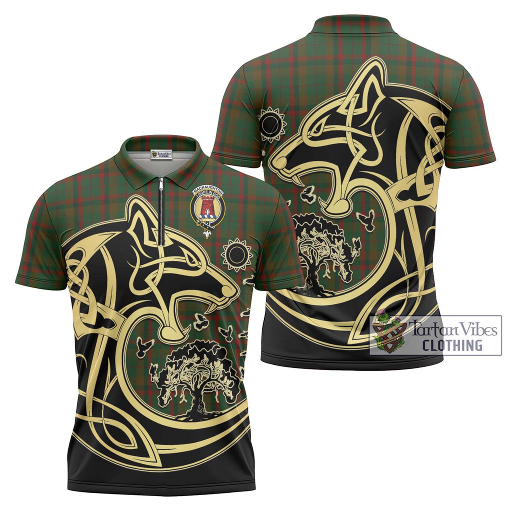 MacNaughton Hunting Tartan Zipper Polo Shirt with Family Crest Celtic Wolf Style Unisex - Tartanvibesclothing Shop