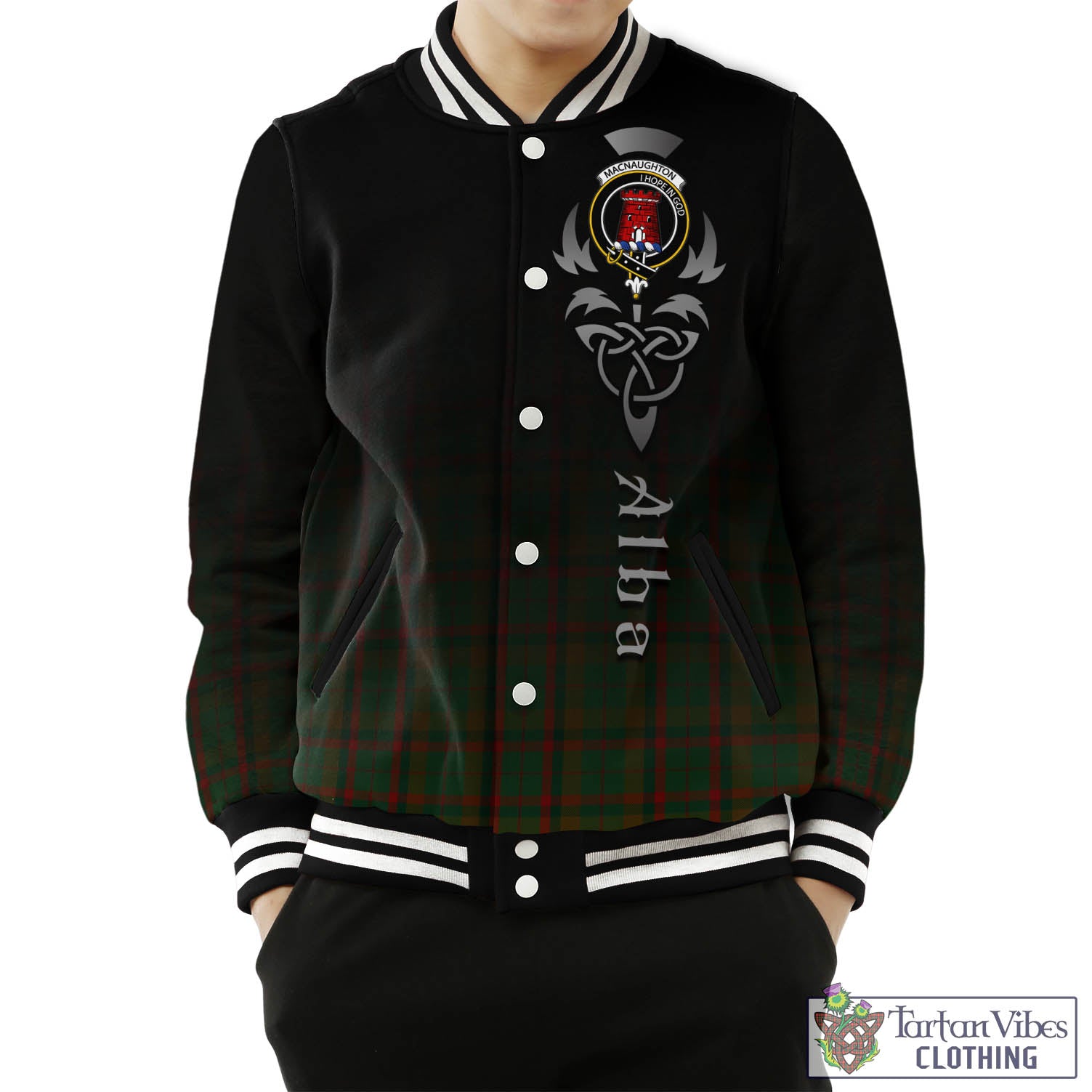 Tartan Vibes Clothing Macnaughton Hunting Tartan Baseball Jacket Featuring Alba Gu Brath Family Crest Celtic Inspired