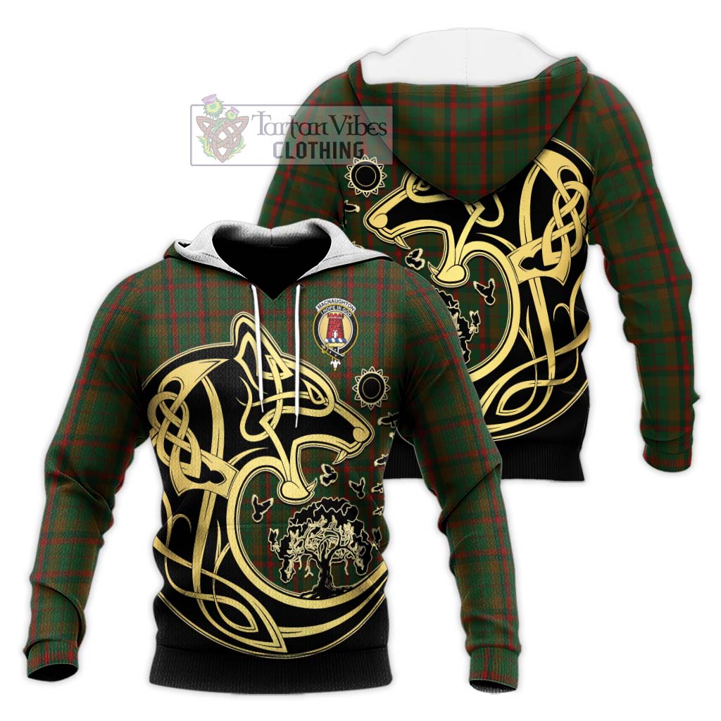 Tartan Vibes Clothing MacNaughton Hunting Tartan Knitted Hoodie with Family Crest Celtic Wolf Style