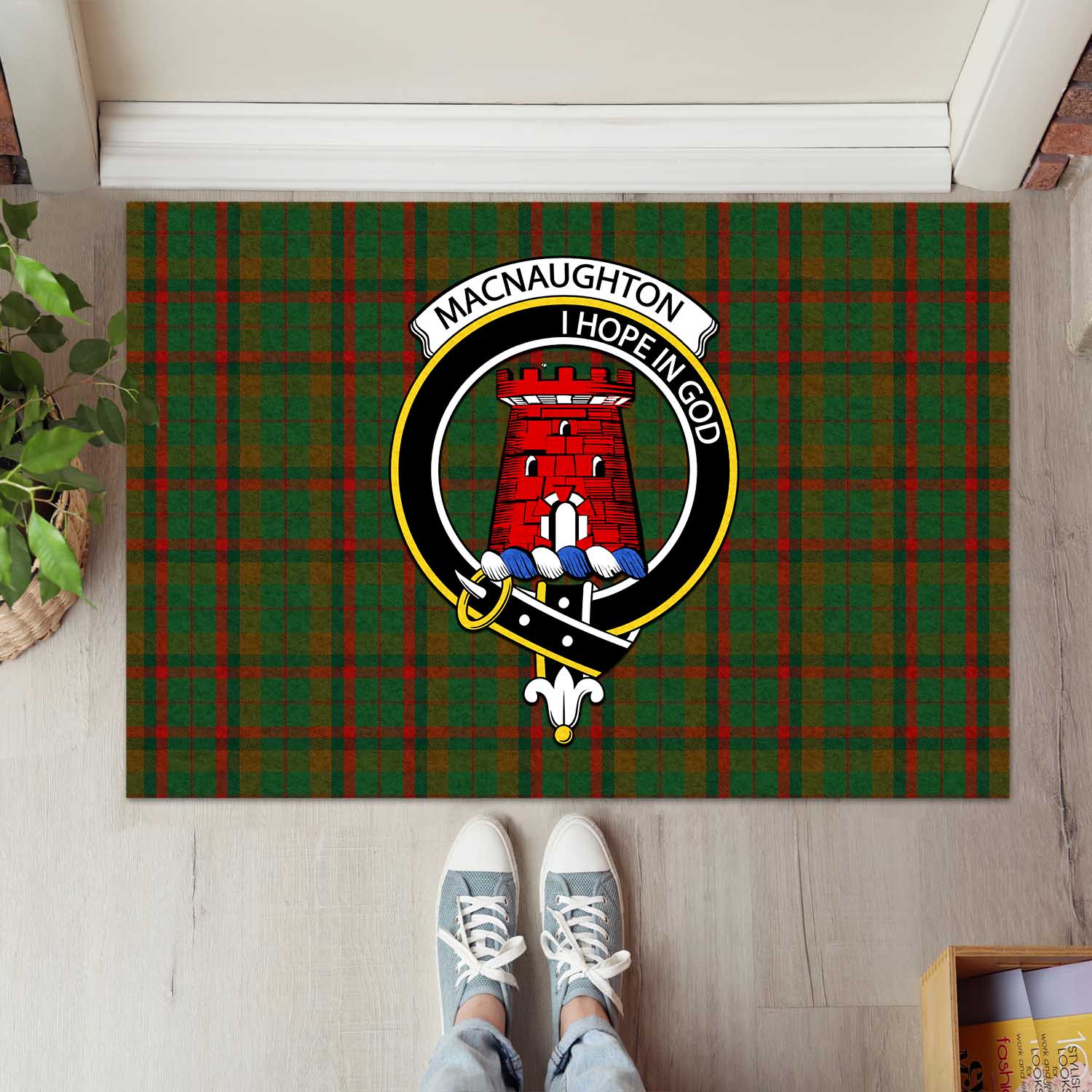 Macnaughton Hunting Tartan Door Mat with Family Crest - Tartanvibesclothing