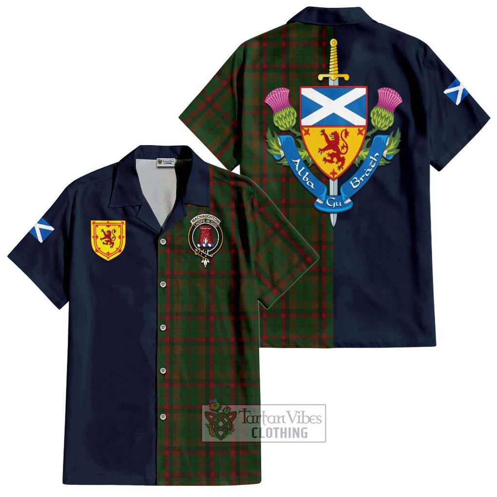 Tartan Vibes Clothing MacNaughton Hunting Tartan Short Sleeve Button Shirt with Scottish Lion Royal Arm Half Style