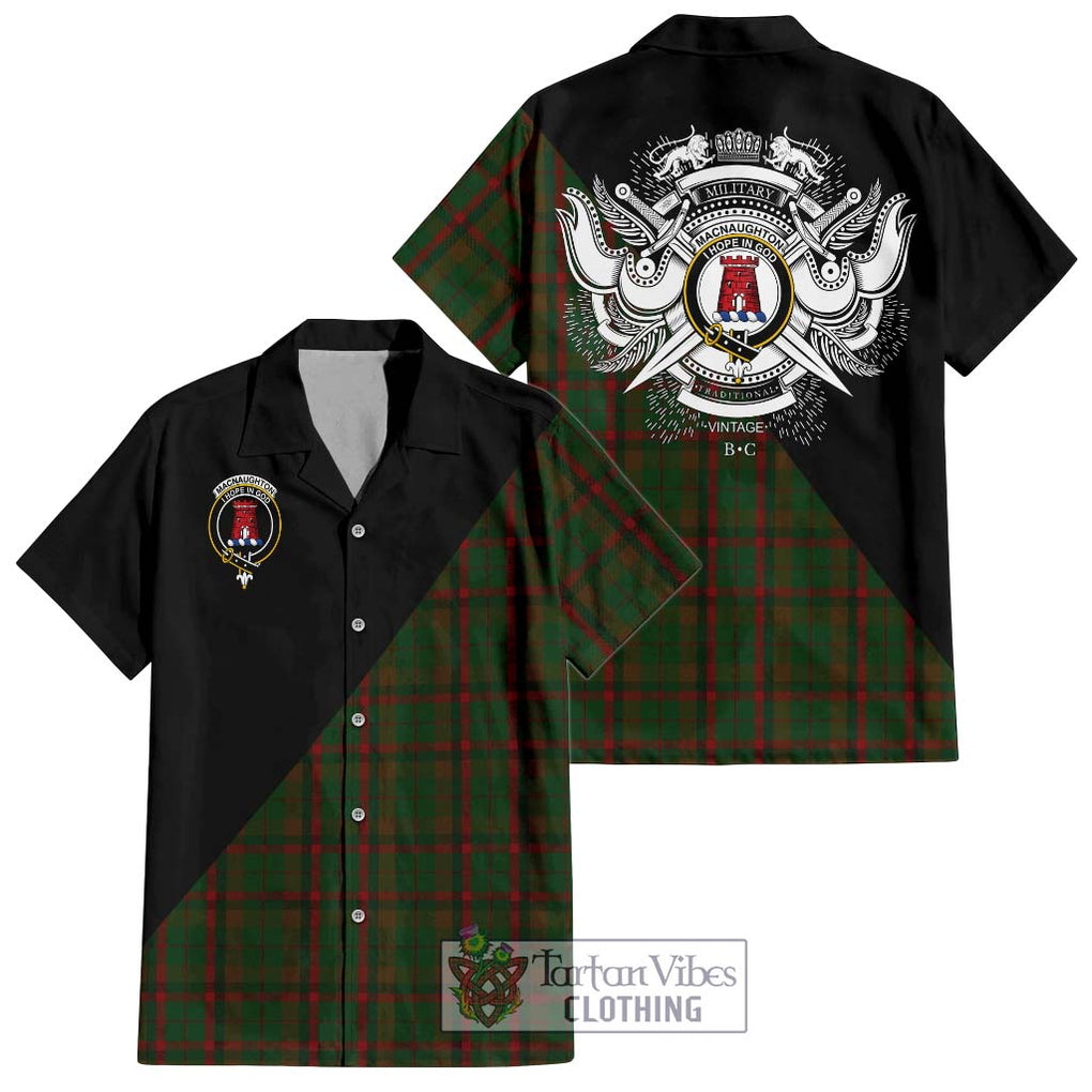 MacNaughton Hunting Tartan Short Sleeve Button Shirt with Family Crest and Military Logo Style Kid - Tartanvibesclothing Shop