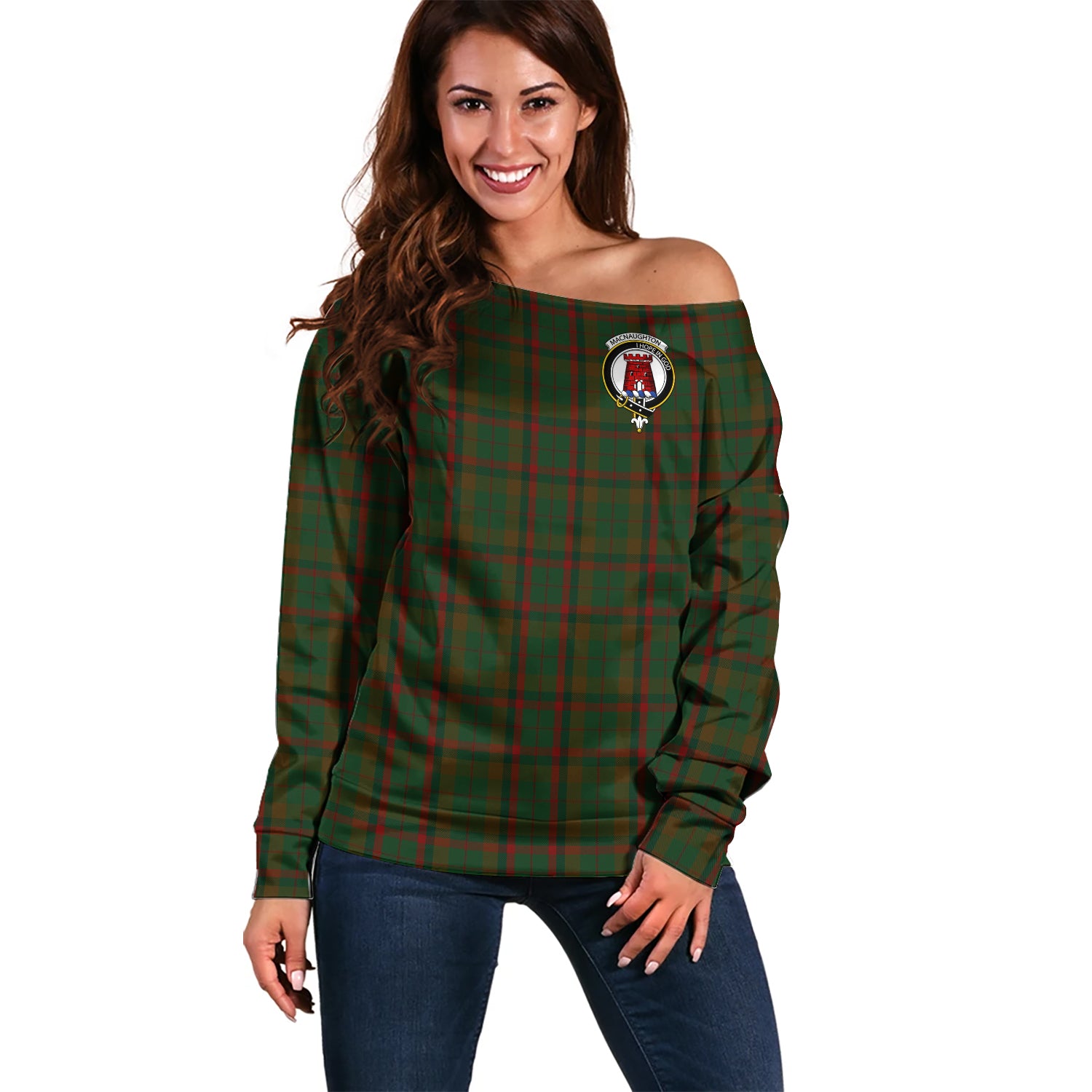 Macnaughton Hunting Tartan Off Shoulder Women Sweater with Family Crest Women - Tartanvibesclothing