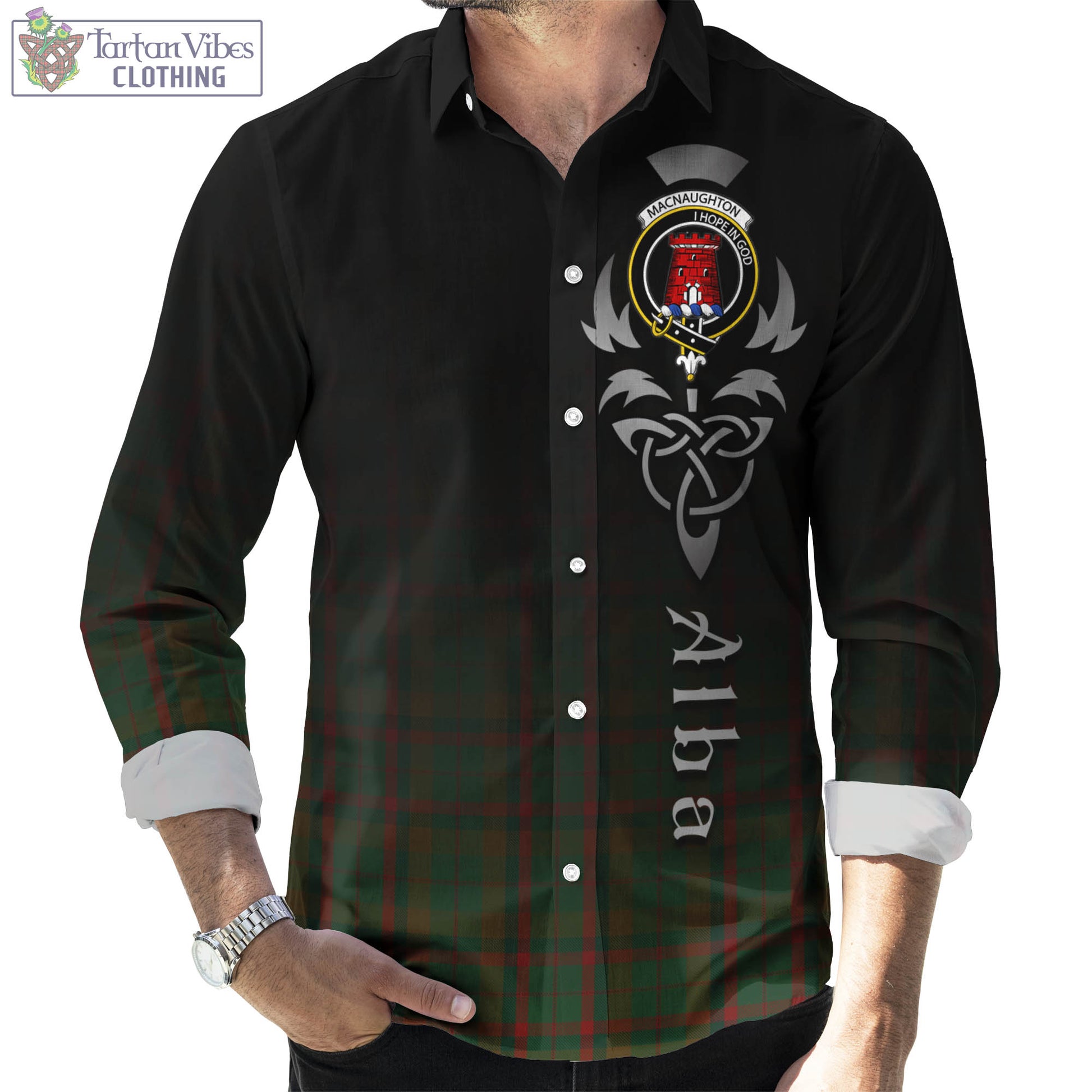 Tartan Vibes Clothing Macnaughton Hunting Tartan Long Sleeve Button Up Featuring Alba Gu Brath Family Crest Celtic Inspired