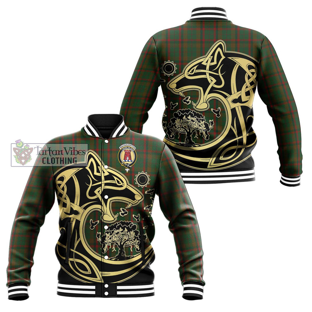 MacNaughton Hunting Tartan Baseball Jacket with Family Crest Celtic Wolf Style Unisex - Tartan Vibes Clothing