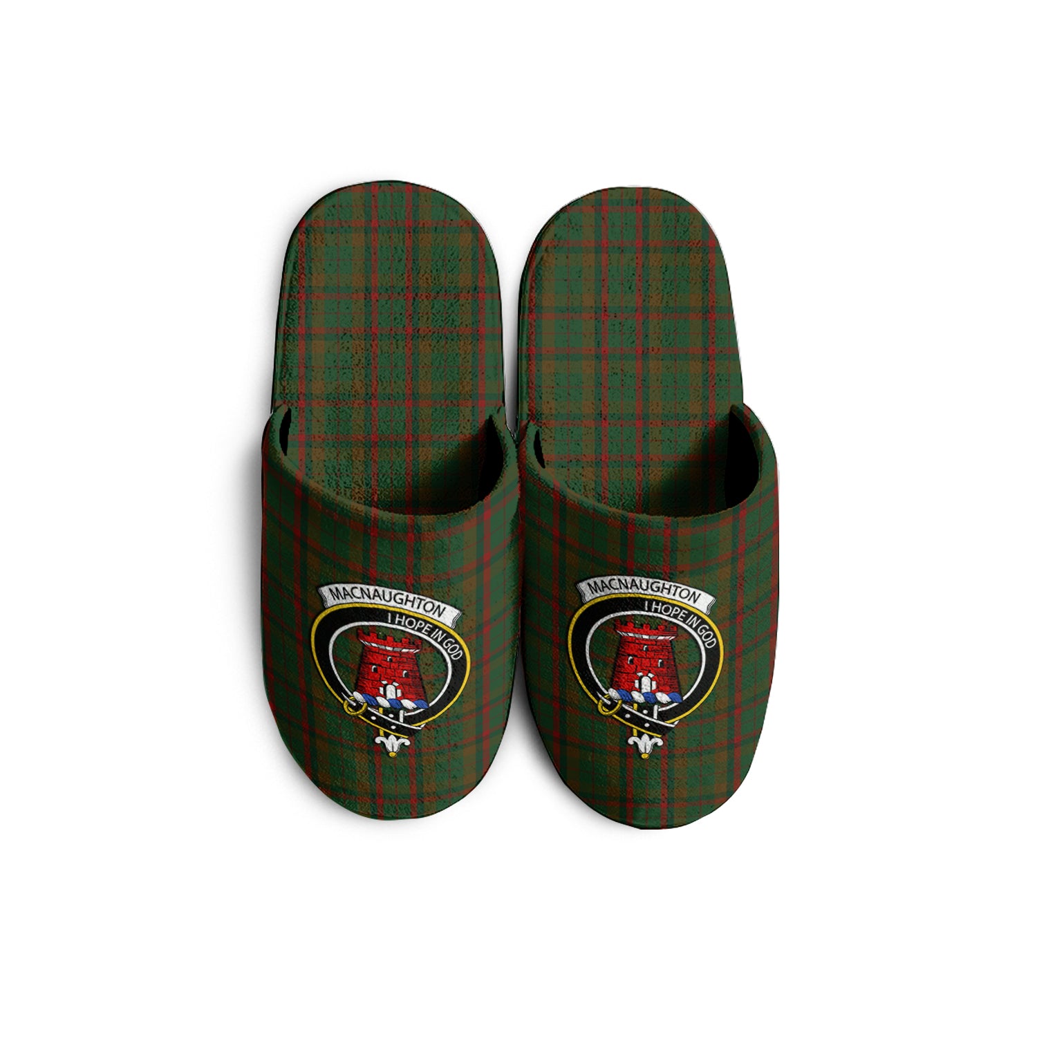 Macnaughton Hunting Tartan Home Slippers with Family Crest - Tartanvibesclothing