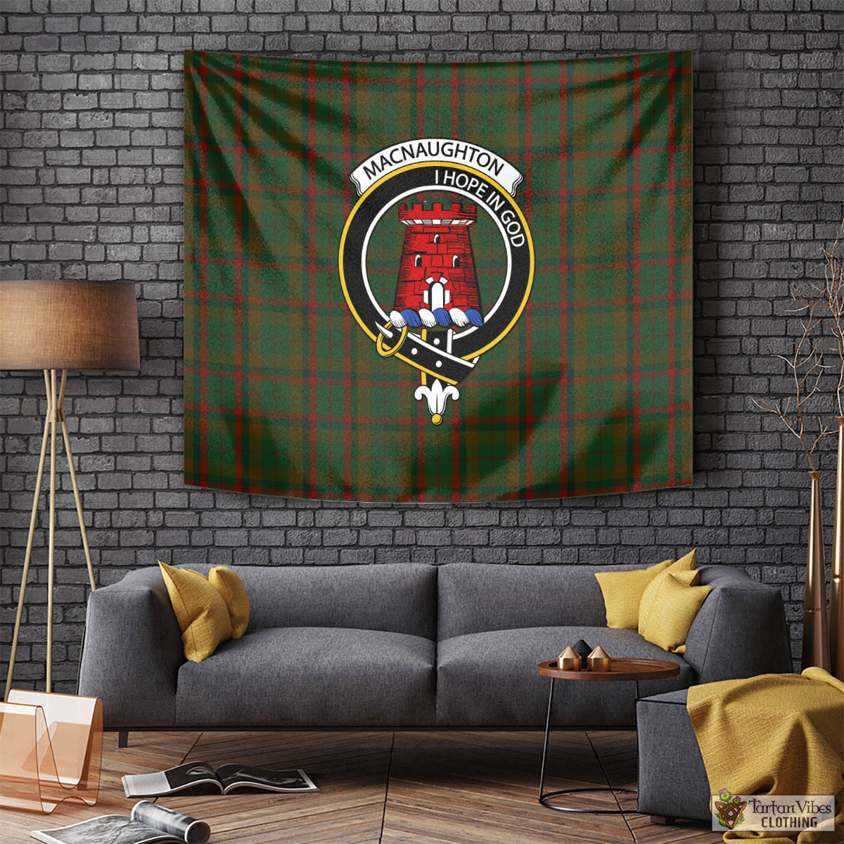 Tartan Vibes Clothing Macnaughton Hunting Tartan Tapestry Wall Hanging and Home Decor for Room with Family Crest