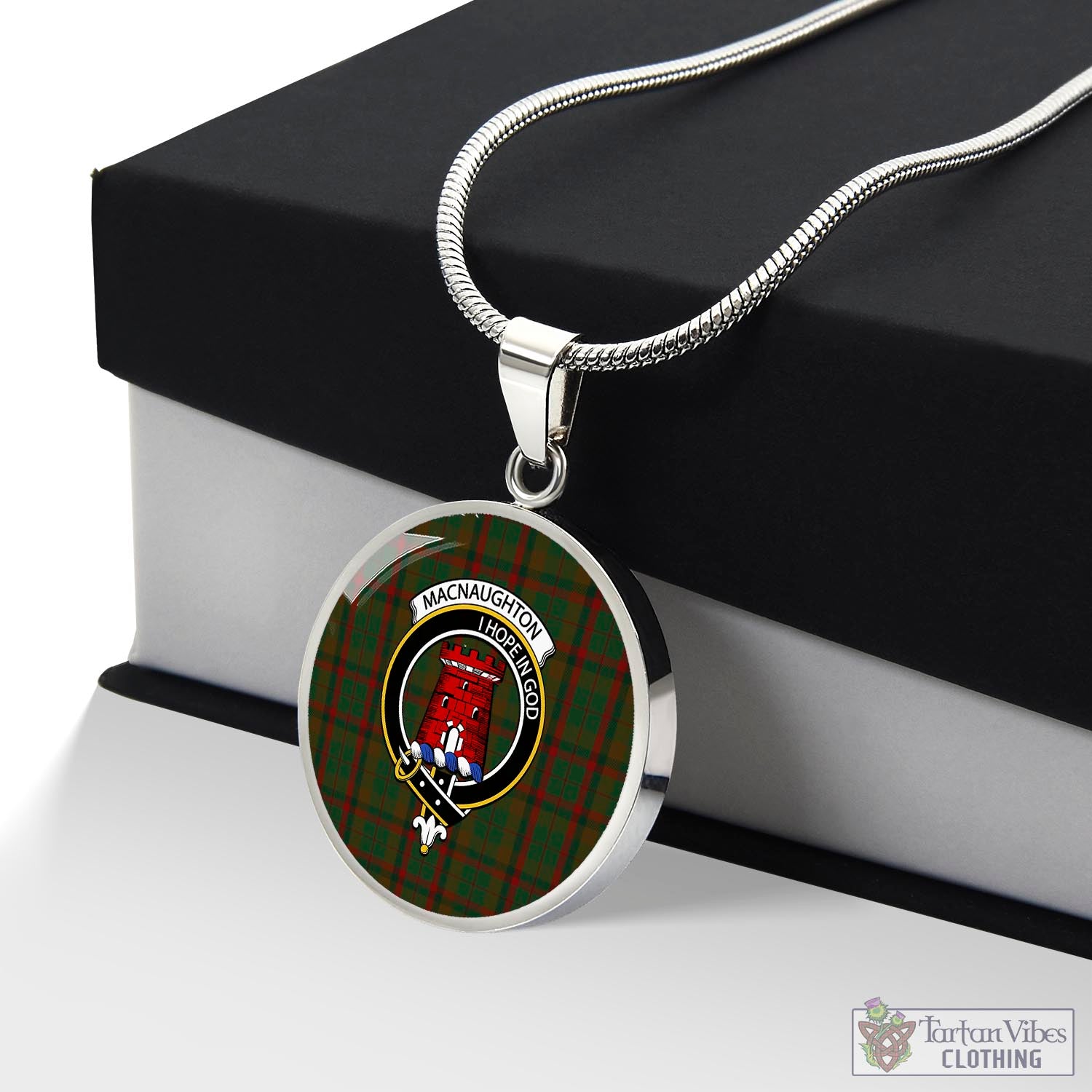 Tartan Vibes Clothing Macnaughton Hunting Tartan Circle Necklace with Family Crest