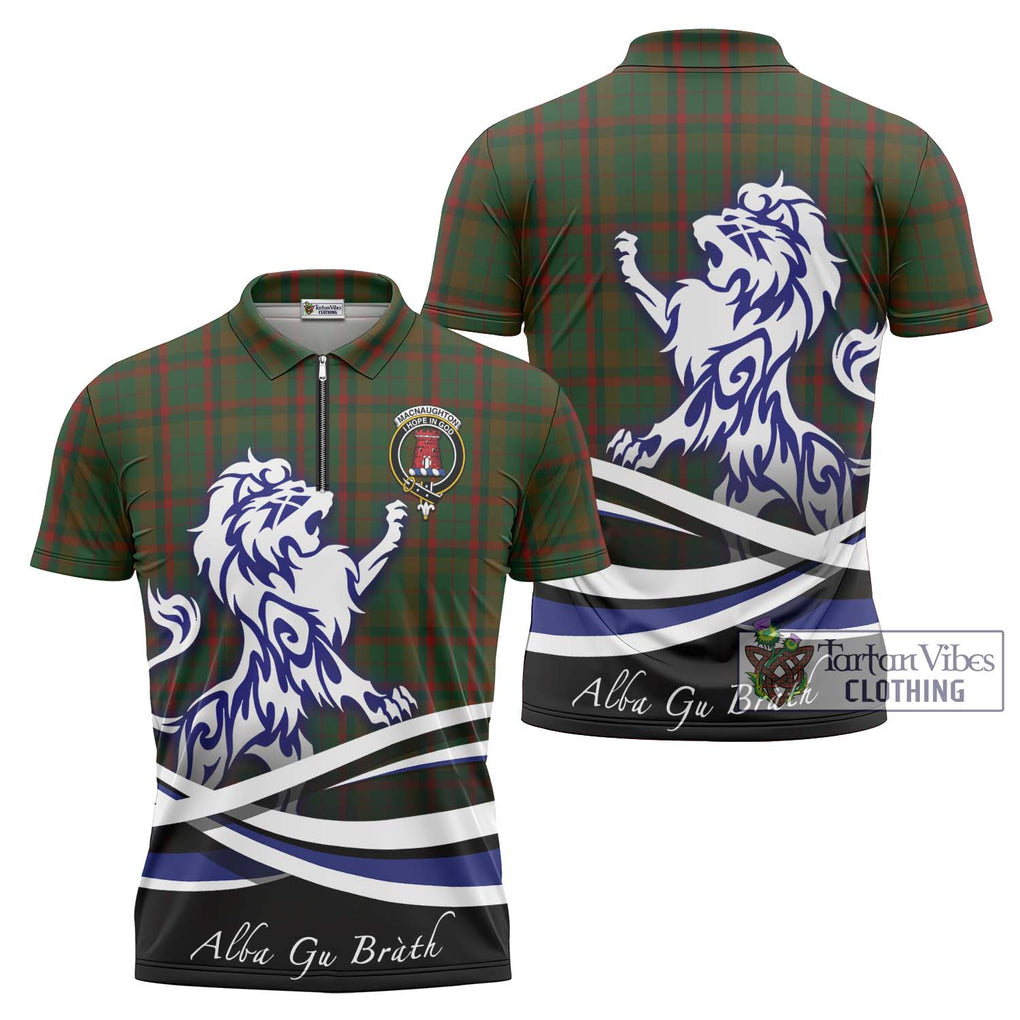 MacNaughton Hunting Tartan Zipper Polo Shirt with Alba Gu Brath Regal Lion Emblem Unisex - Tartanvibesclothing Shop