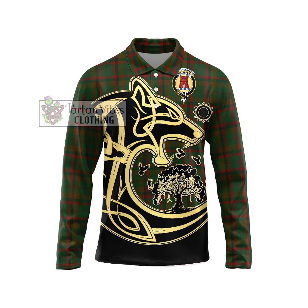 MacNaughton Hunting Tartan Long Sleeve Polo Shirt with Family Crest Celtic Wolf Style Unisex - Tartanvibesclothing Shop